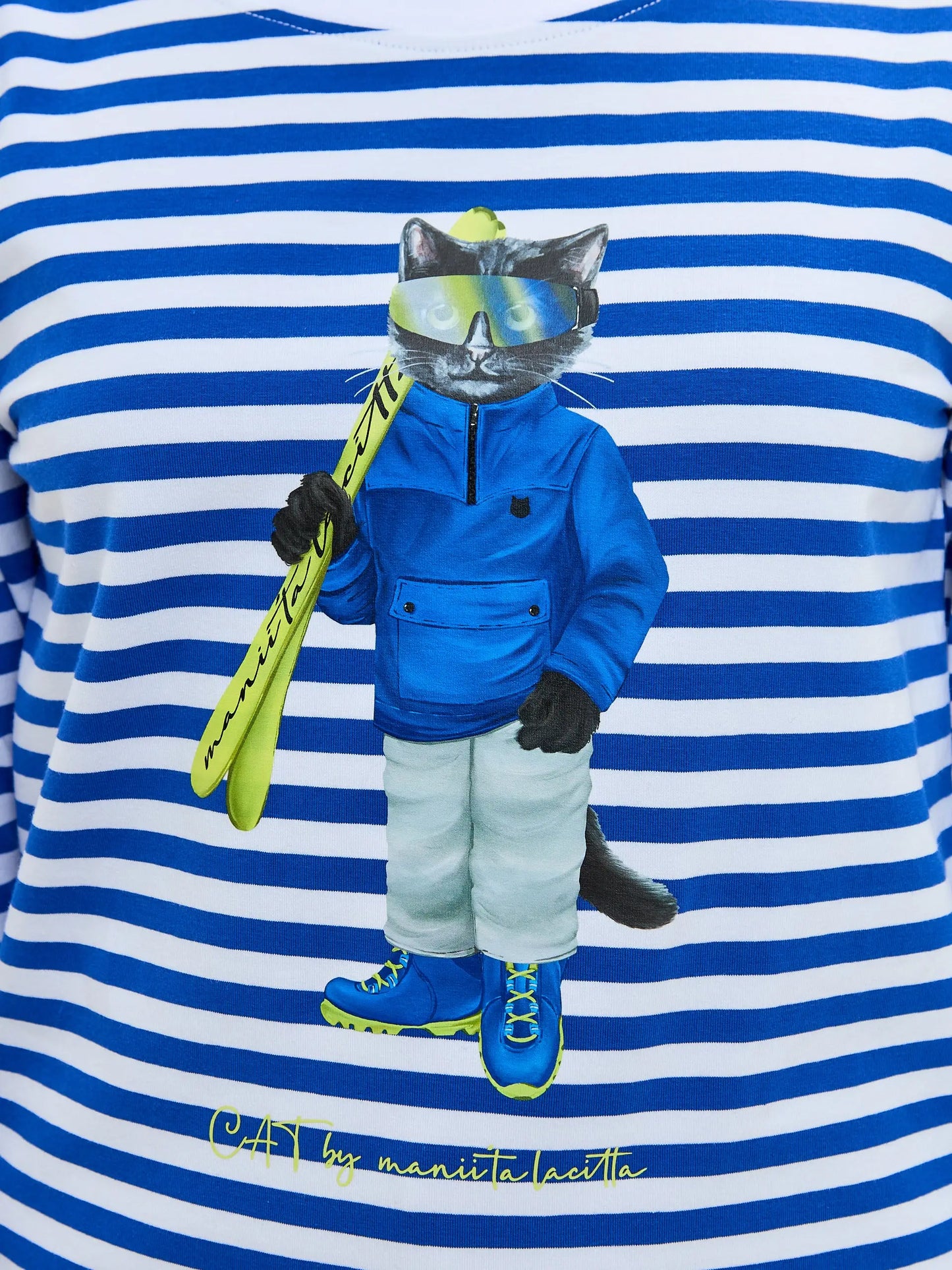 Blue Longsleeve Ski Cat | Shirt & Striped shirt For Cat Lovers | Cat