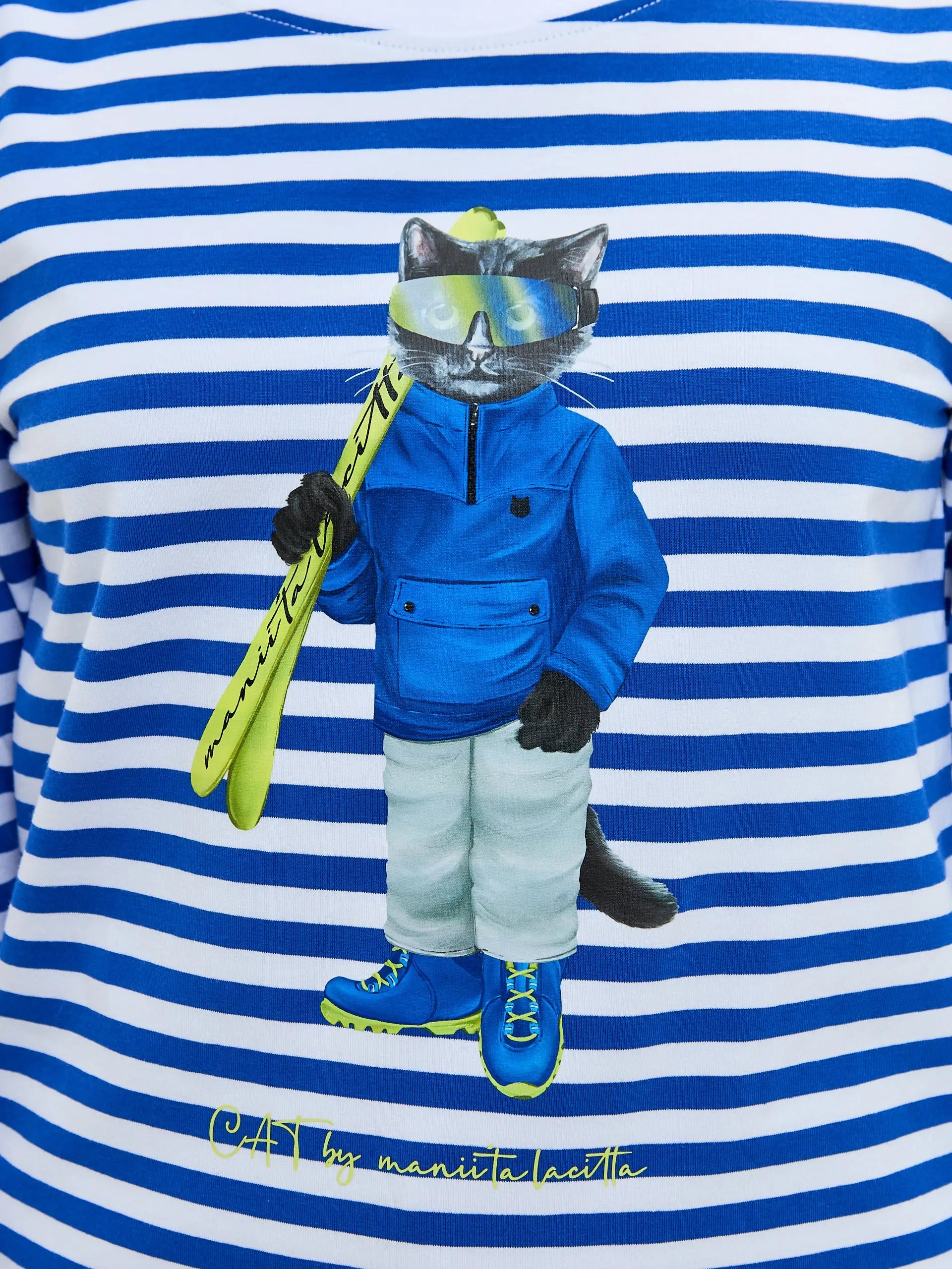 Blue Longsleeve Ski Cat | Shirt & Striped shirt For Cat Lovers | Cat