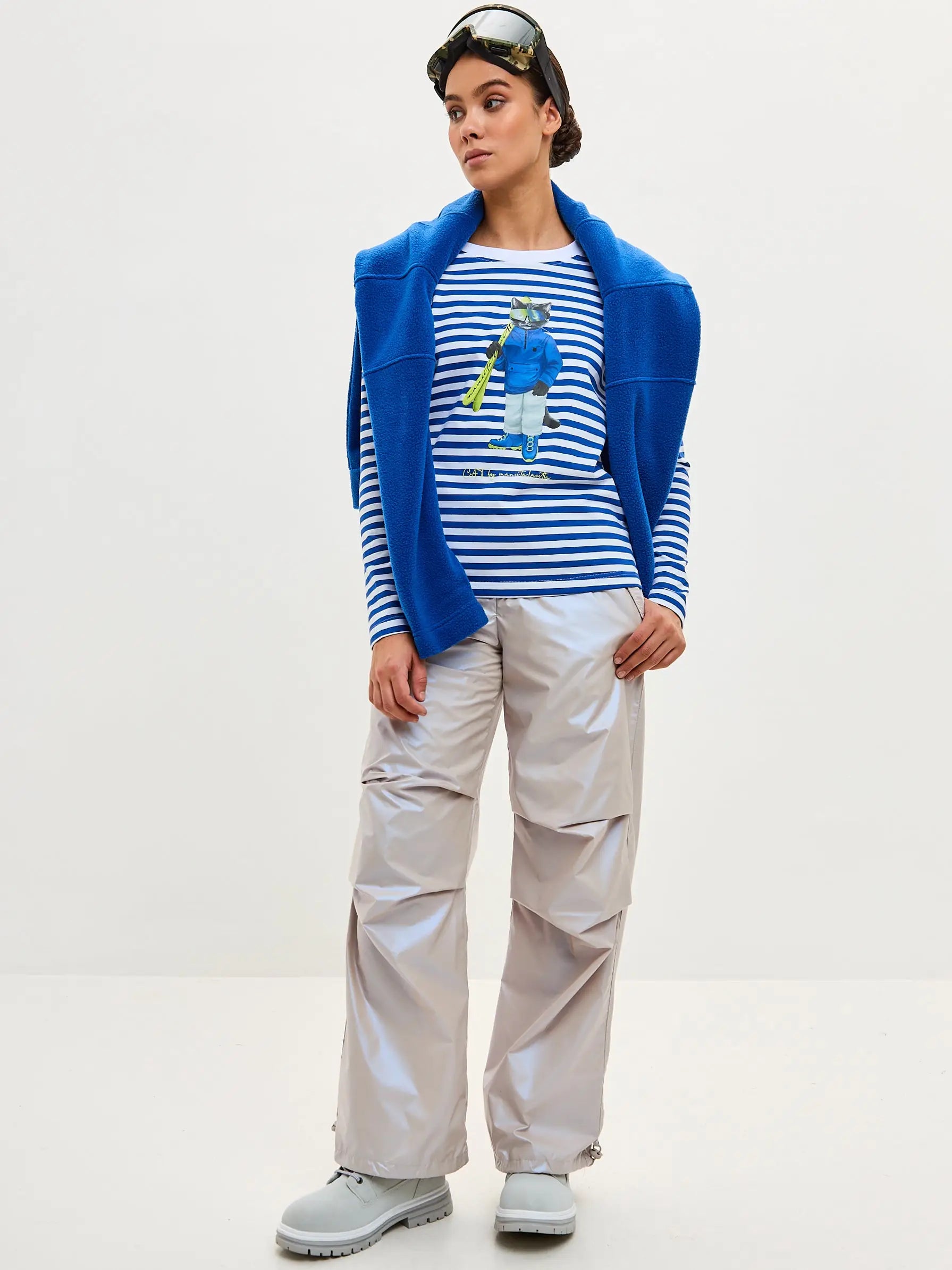 Blue Longsleeve Ski Cat | Shirt & Striped shirt For Cat Lovers | Cat
