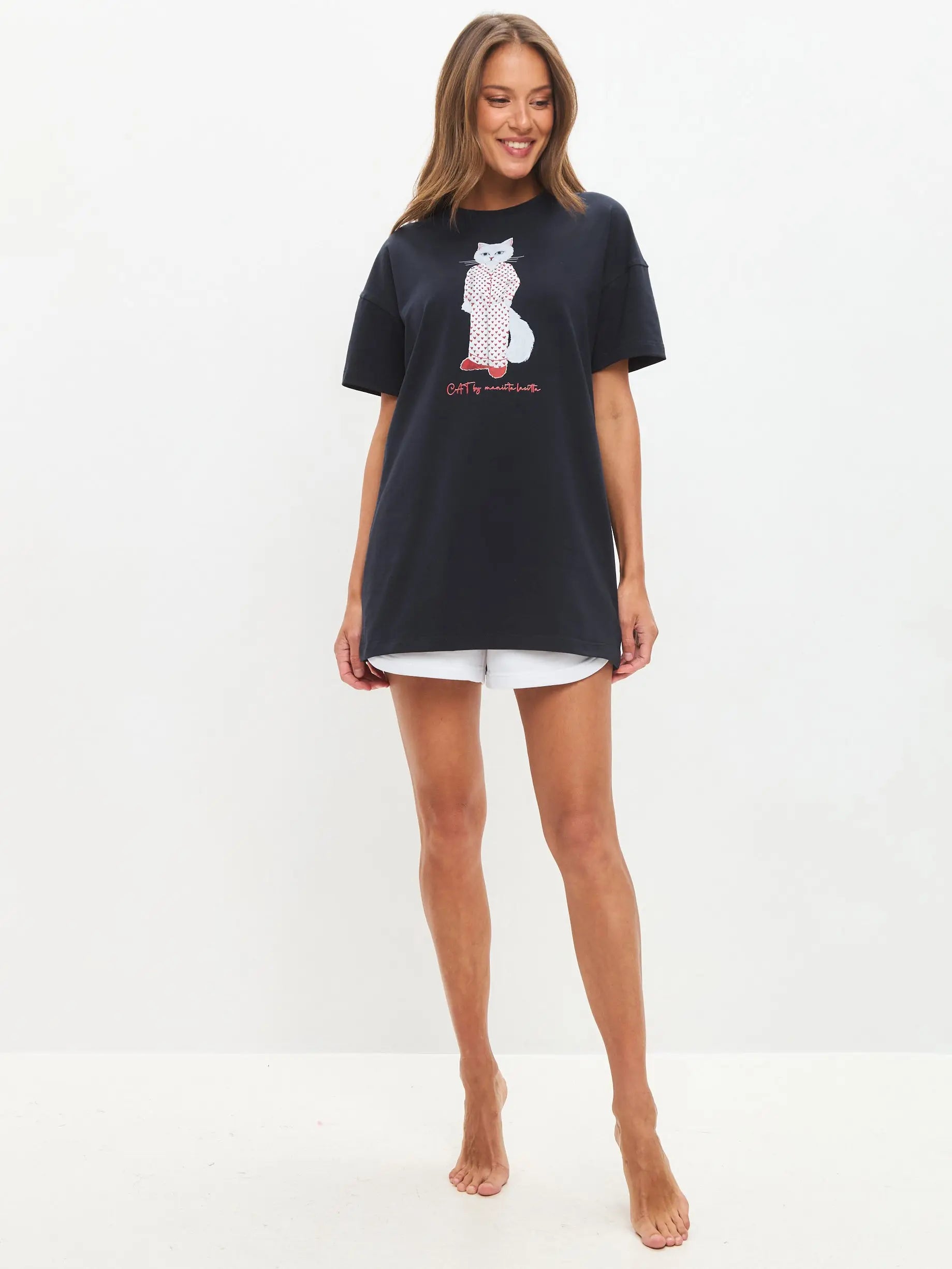 Blue Oversized T-shirt Pajamas Cat | Loungewear For Cat Lovers | Cat