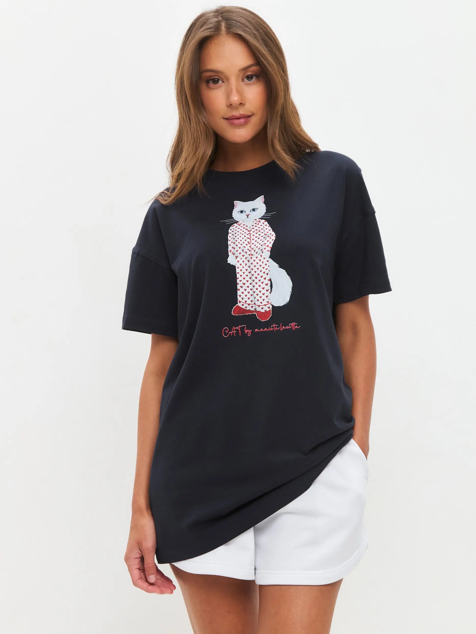 Blue Oversized T-shirt Pajamas Cat | Loungewear For Cat Lovers | Cat
