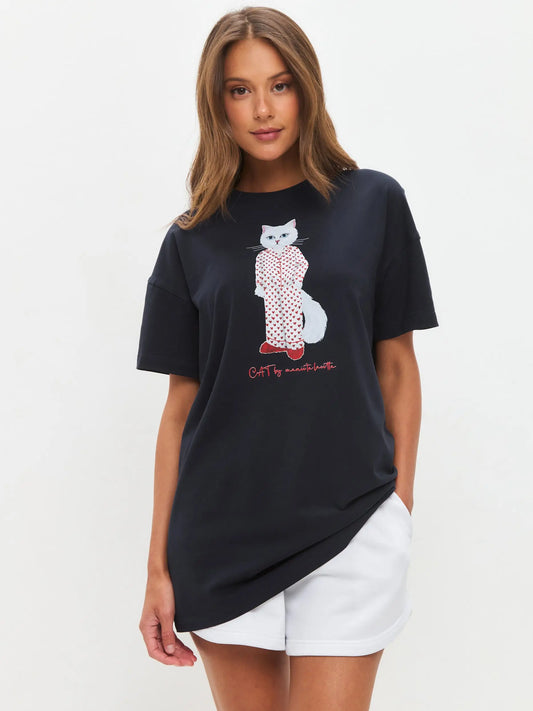 Blue Oversized T-shirt Pajamas Cat | Loungewear For Cat Lovers | Cat