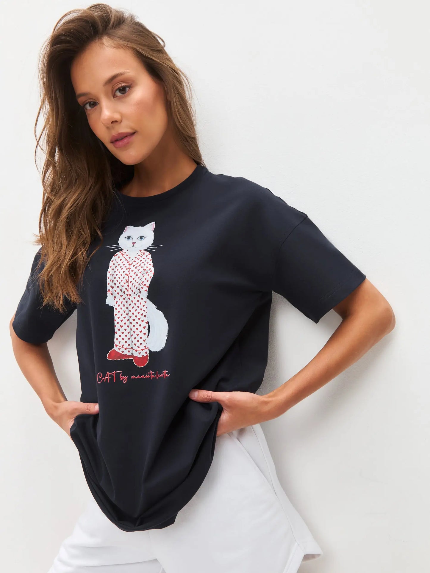 Blue Oversized T-shirt Pajamas Cat | Loungewear For Cat Lovers | Cat