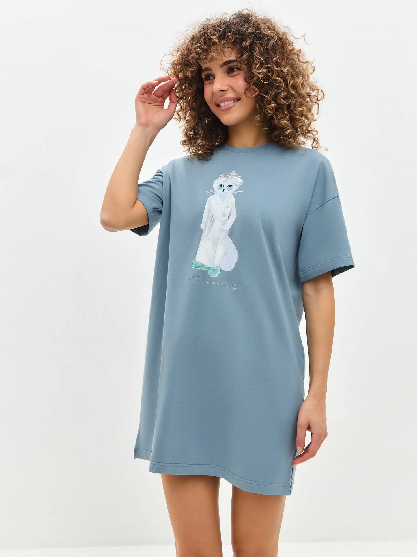 Blue Oversized T-shirt Spa Cat | Loungewear For Cat Lovers | Cat e