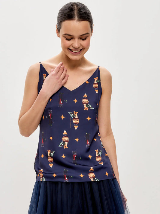 Blue Silk Top Cat | Silk top For Cat Lovers | Cat e Lolette
