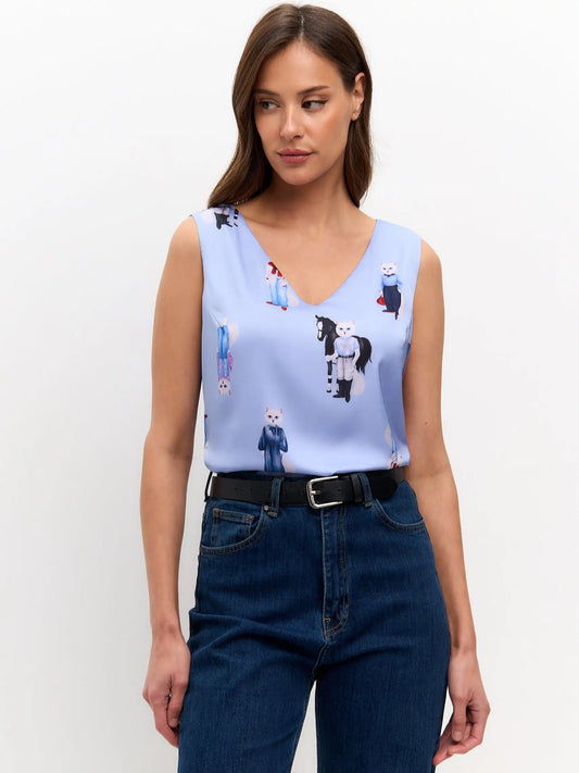 Blue Silk Top Cat | Silk top For Cat Lovers | Cat e Lolette