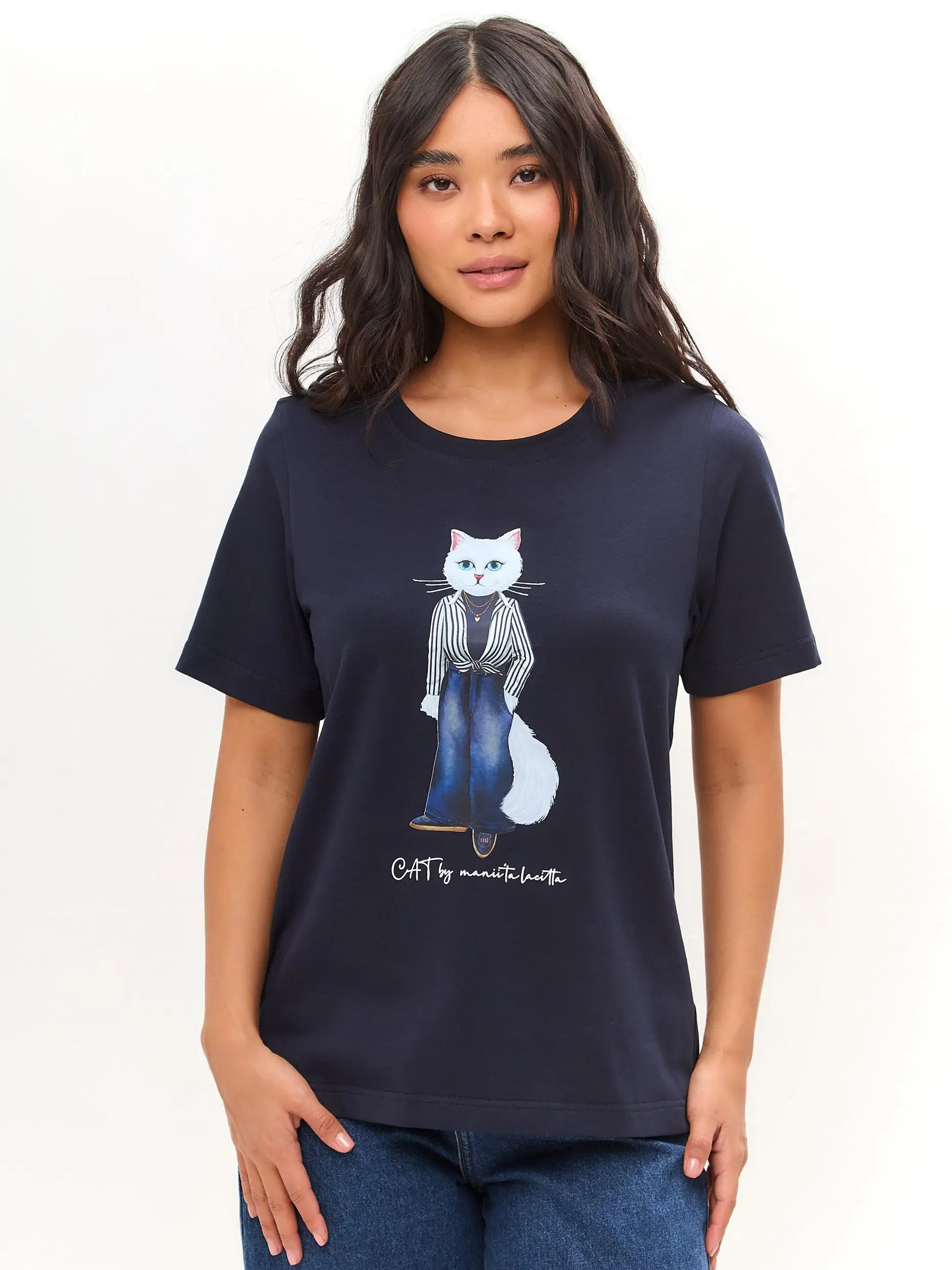 Blue T-shirt Country White Cat | T-shirt For Cat Lovers | Cat e