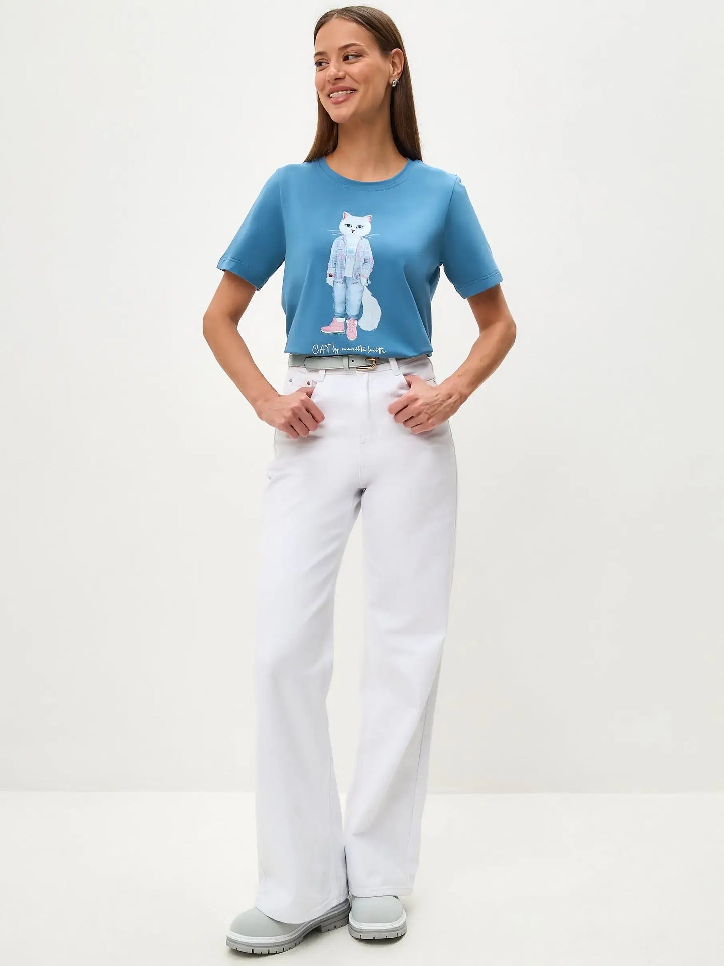 Blue T-shirt Country White Cat | T-shirt For Cat Lovers | Cat e
