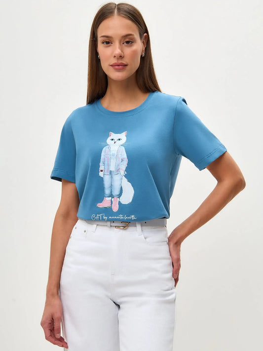Blue T-shirt Country White Cat | T-shirt For Cat Lovers | Cat e