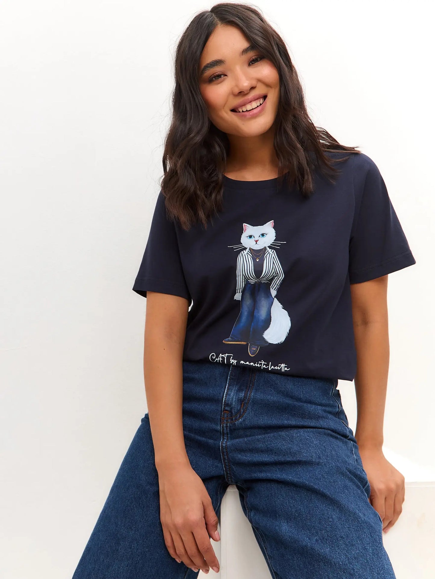 Blue T-shirt Country White Cat | T-shirt For Cat Lovers | Cat e
