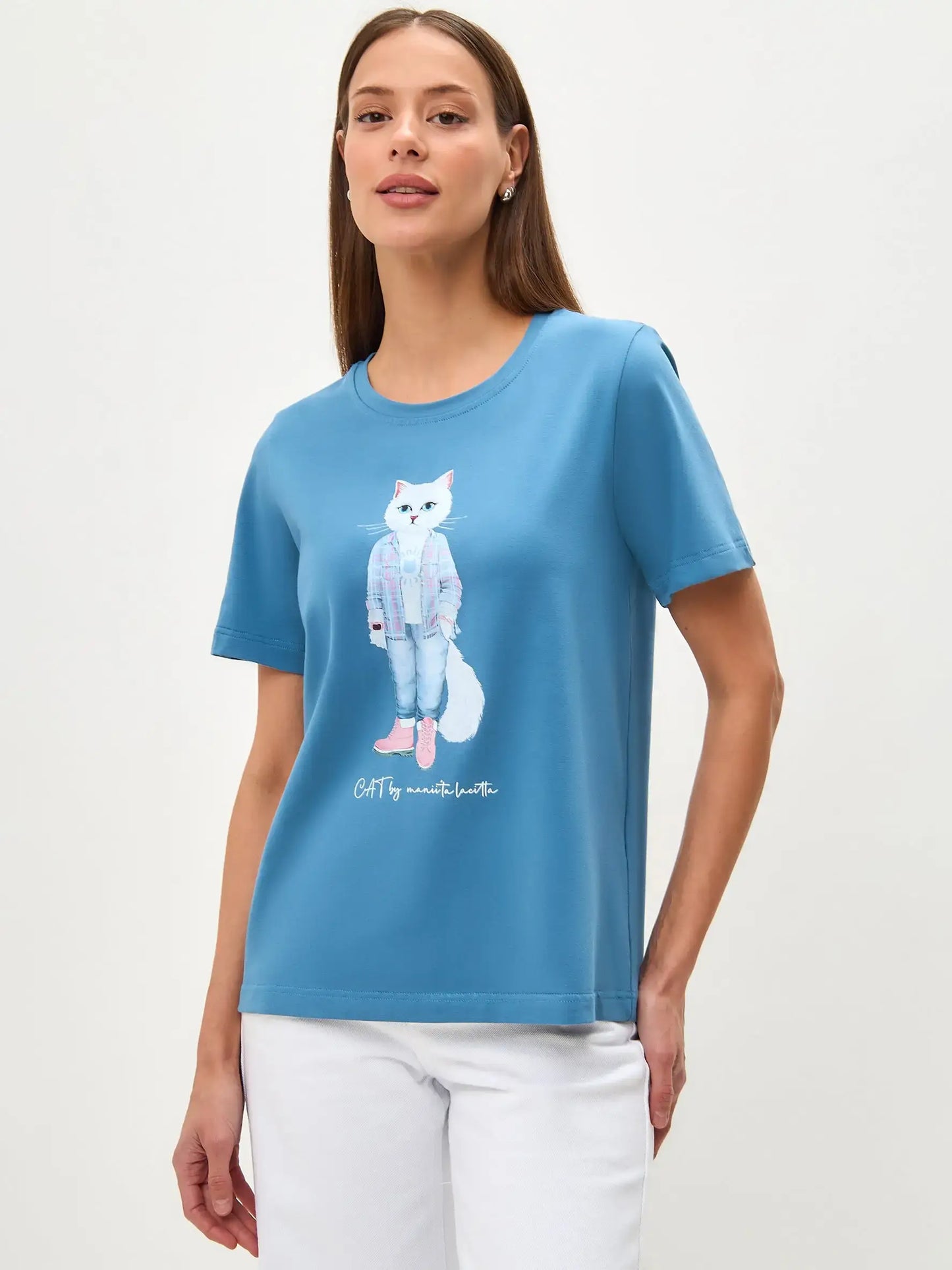 Blue T-shirt Country White Cat | T-shirt For Cat Lovers | Cat e