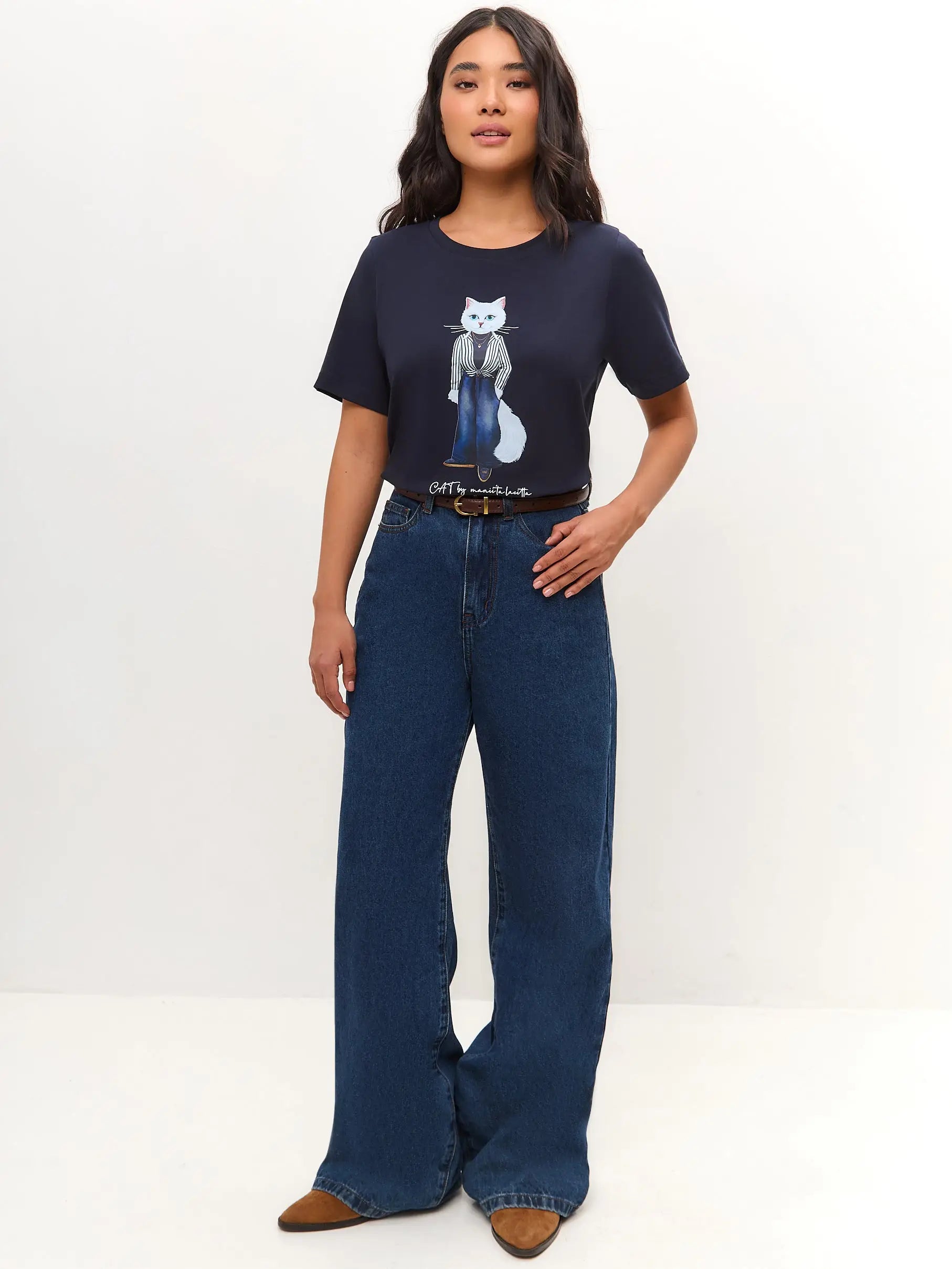 Blue T-shirt Country White Cat | T-shirt For Cat Lovers | Cat e