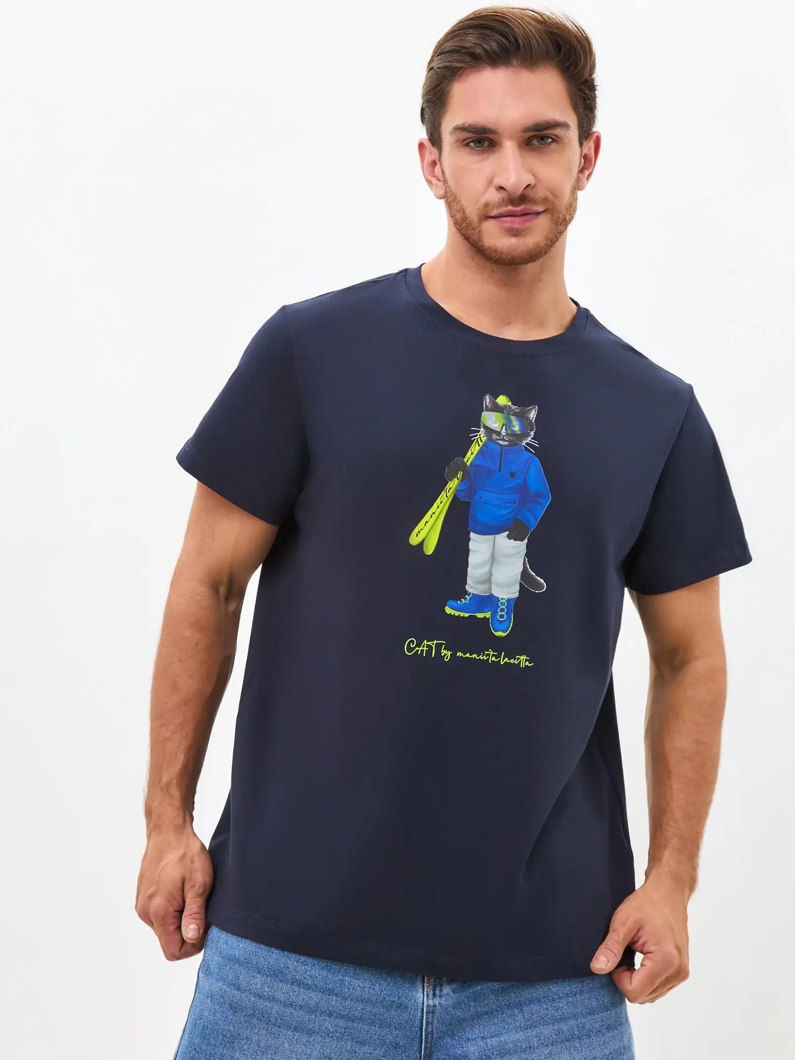 Blue T-shirt Ski Cat | T-shirt For Cat Lovers | Cat e Lolette