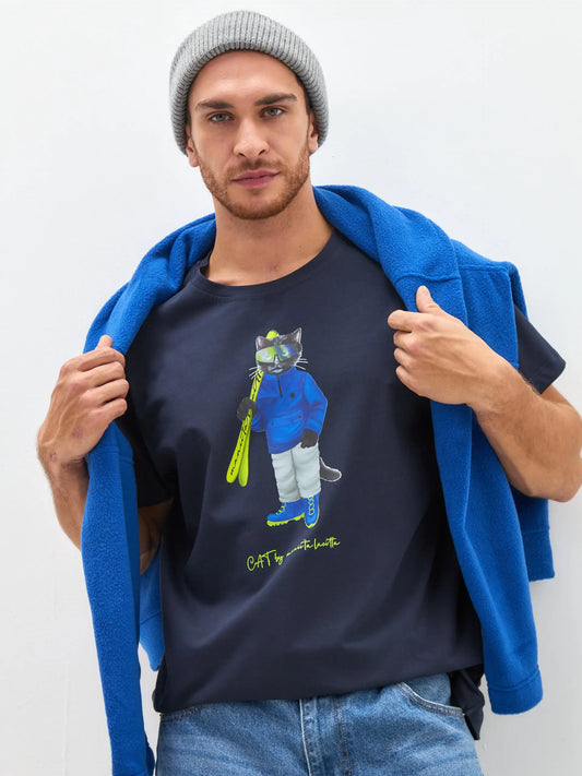 Blue T-shirt Ski Cat | T-shirt For Cat Lovers | Cat e Lolette