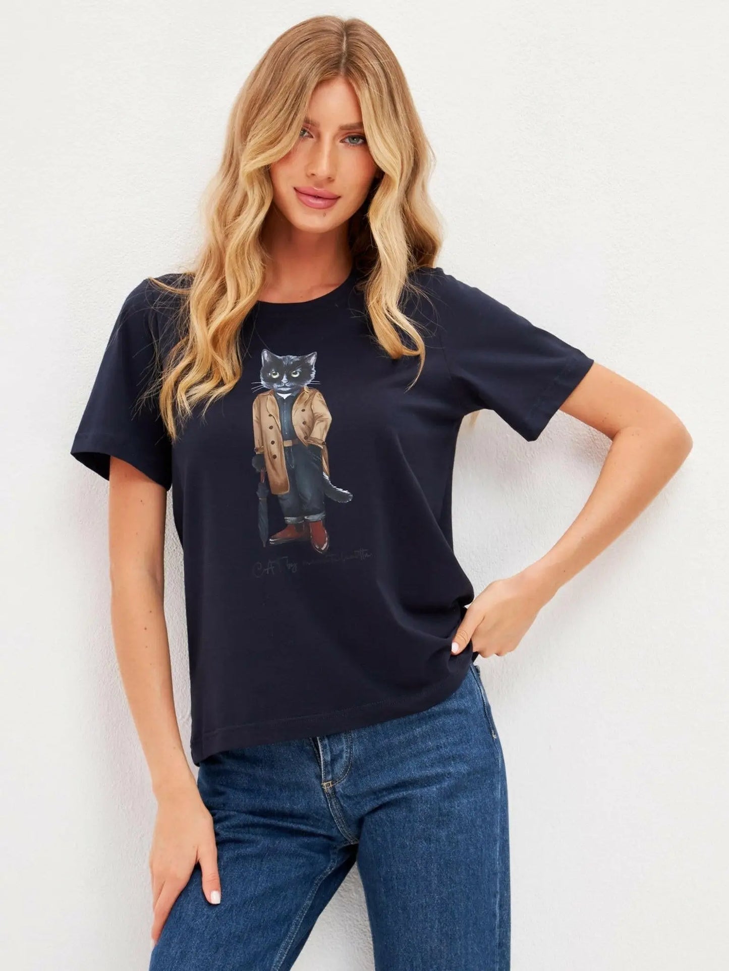 Blue T-shirt Trench Coat Cat | T-shirt For Cat Lovers | Cat e Lolette