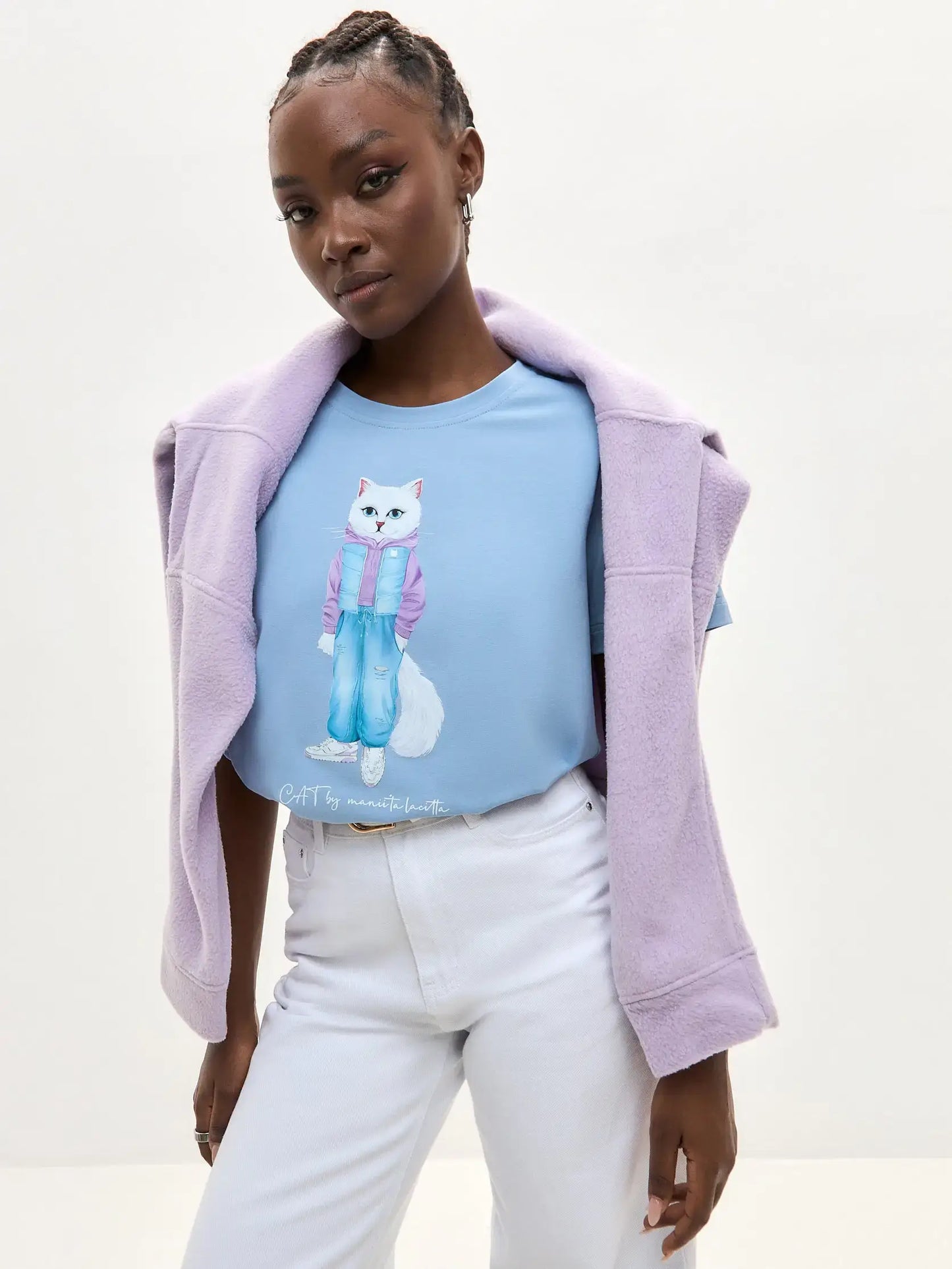 Blue T-shirt White Cat Walk | T-shirt For Cat Lovers | Cat e Lolette