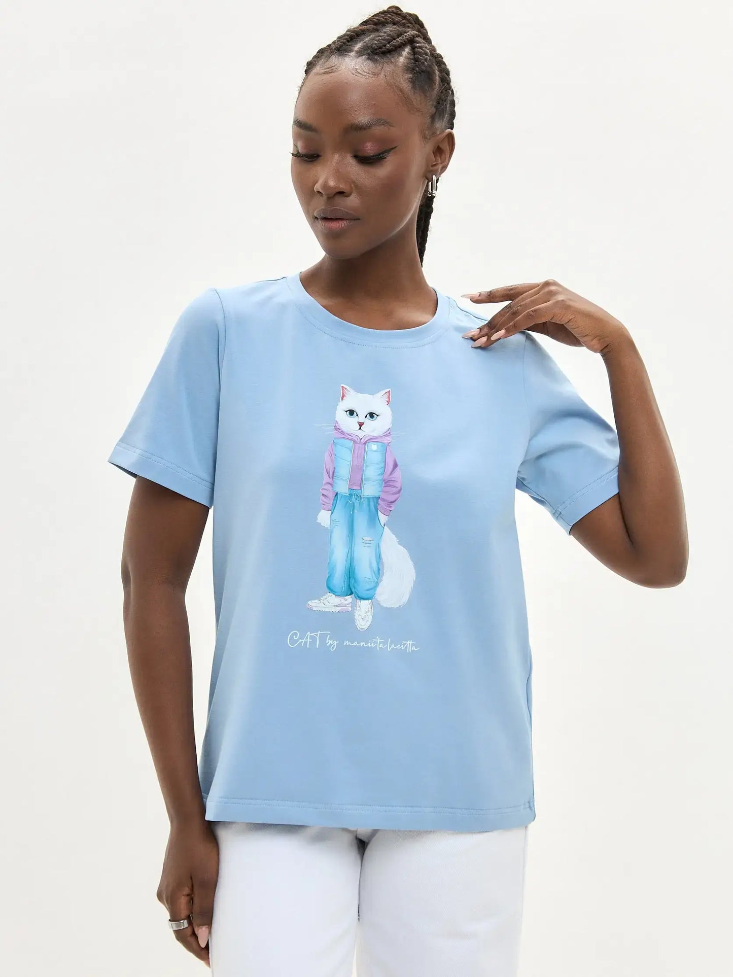 Blue T-shirt White Cat Walk | T-shirt For Cat Lovers | Cat e Lolette