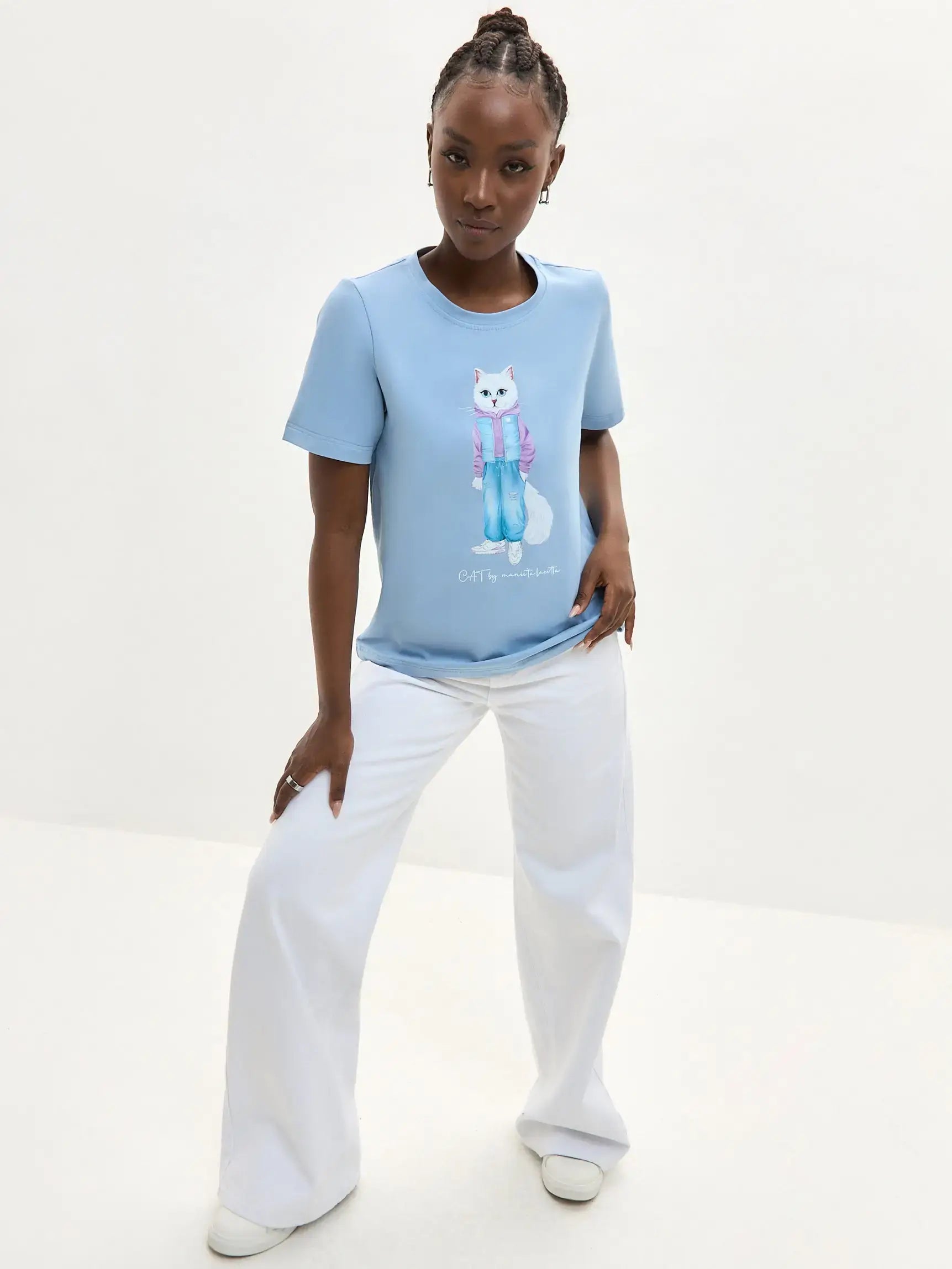 Blue T-shirt White Cat Walk | T-shirt For Cat Lovers | Cat e Lolette