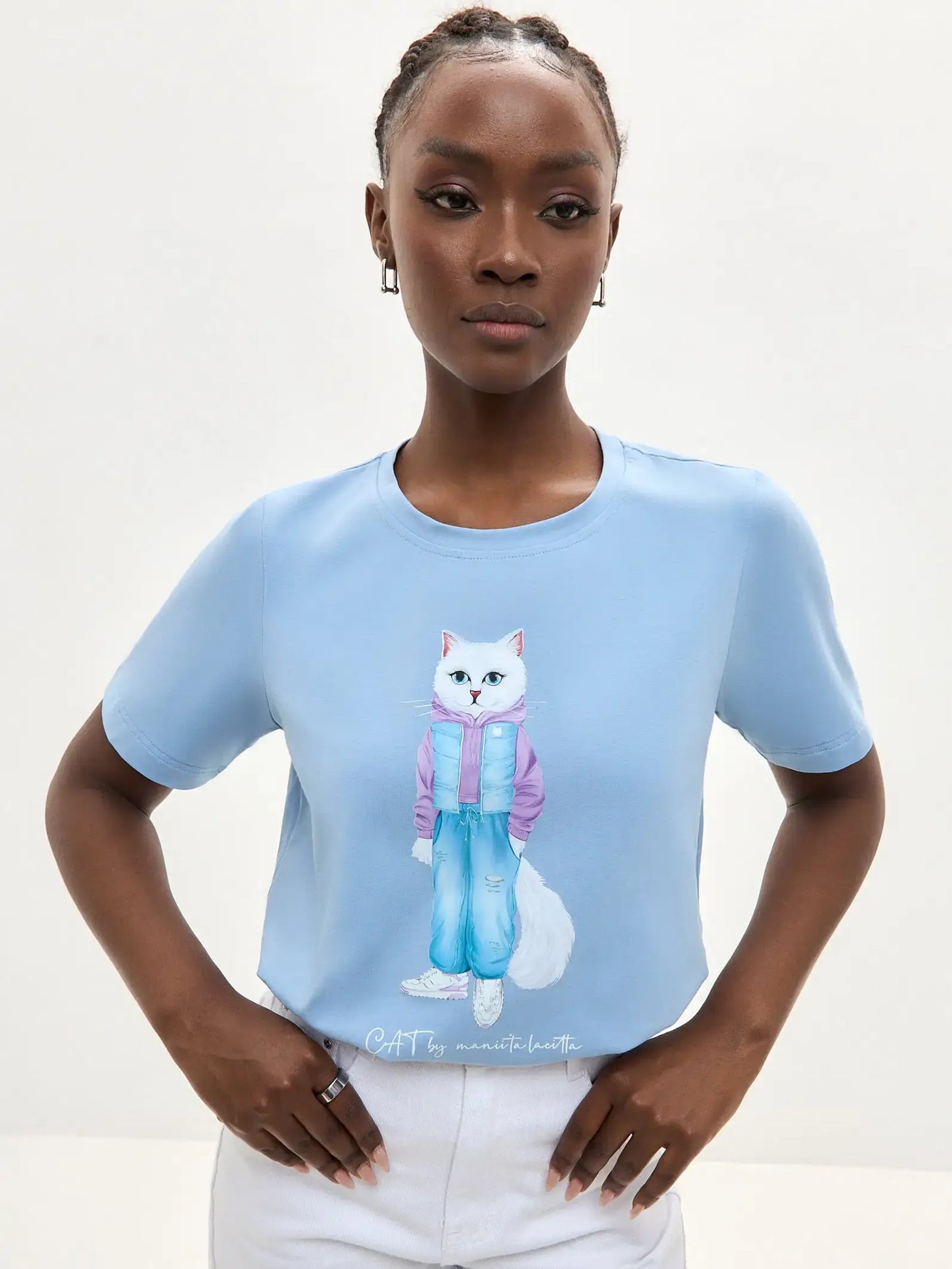 Blue T-shirt White Cat Walk | T-shirt For Cat Lovers | Cat e Lolette