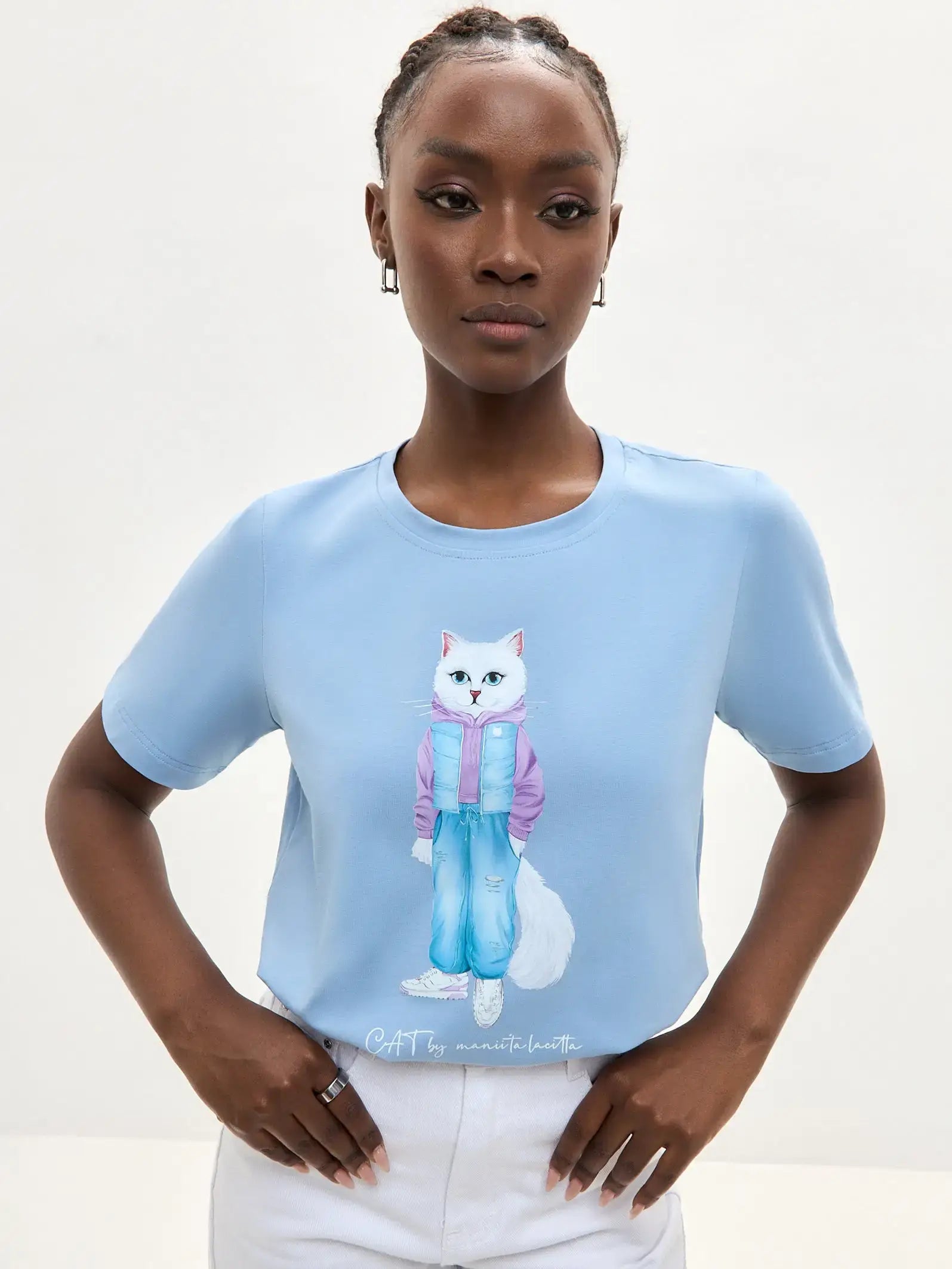 Blue T-shirt White Cat Walk | T-shirt For Cat Lovers | Cat e Lolette