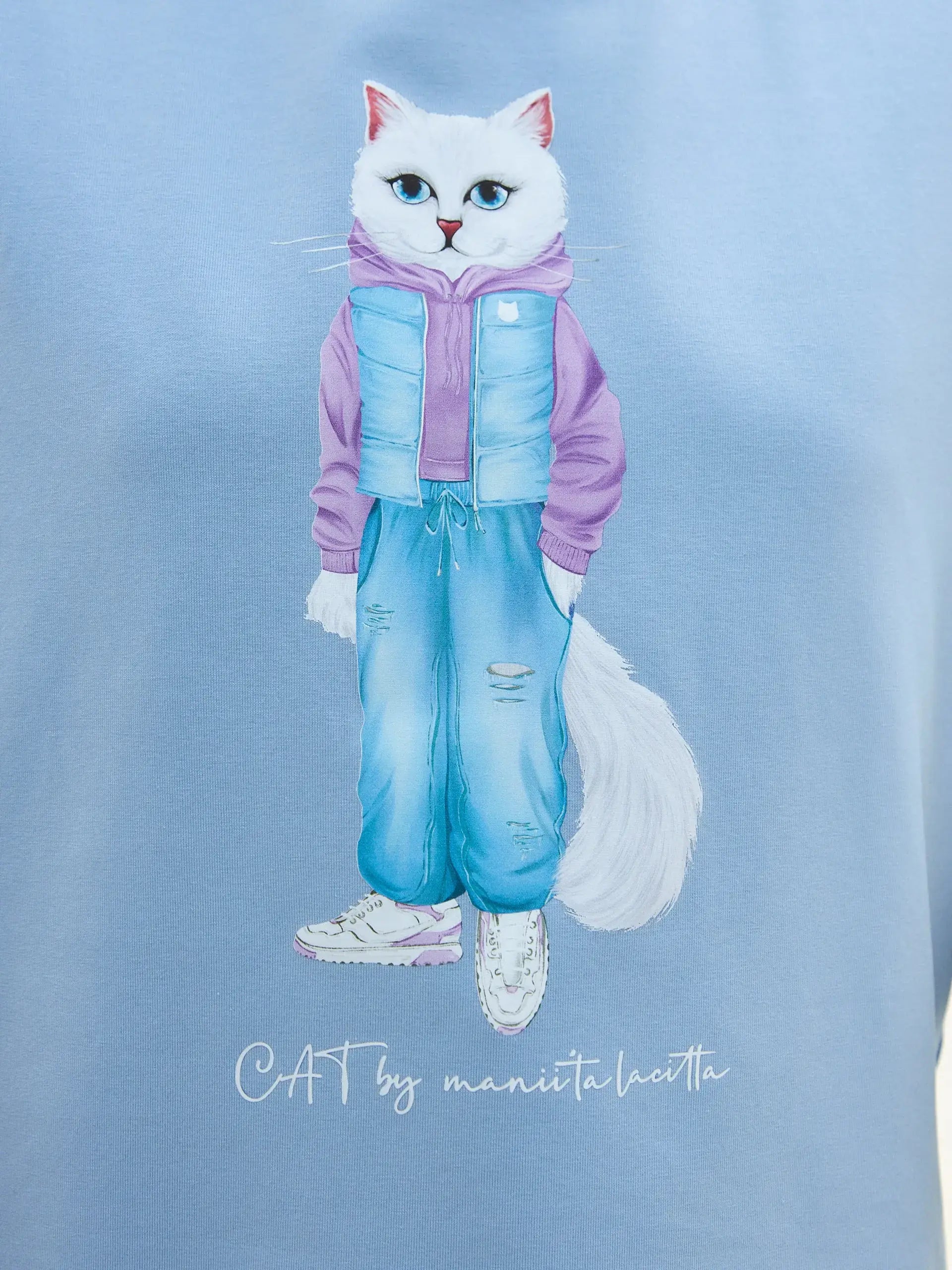 Blue T-shirt White Cat Walk | T-shirt For Cat Lovers | Cat e Lolette