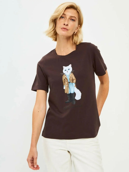 Brown T-shirt Trench Coat White Cat | T-shirt For Cat Lovers | Cat e