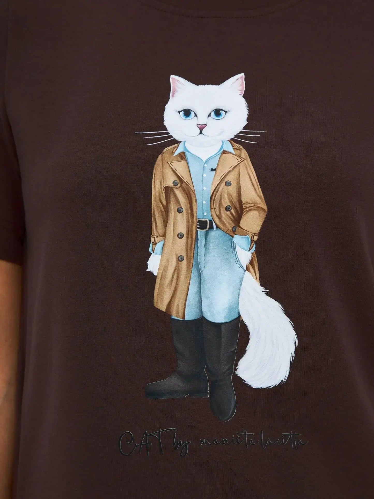 Brown T-shirt Trench Coat White Cat | T-shirt For Cat Lovers | Cat e