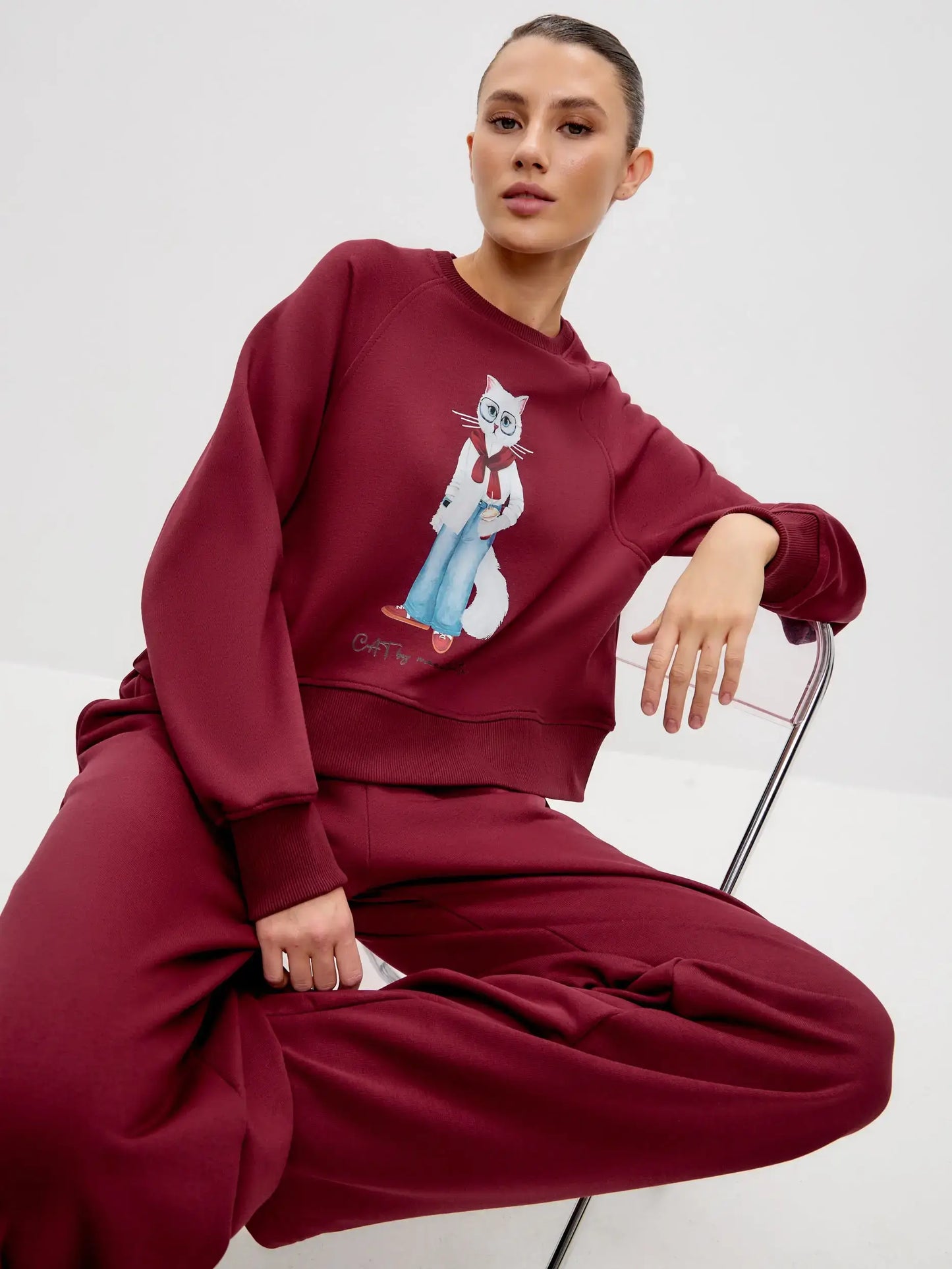Burgundy Sweatshirt Coffee Cat | Hoodie & sweatshirt For Cat Lovers