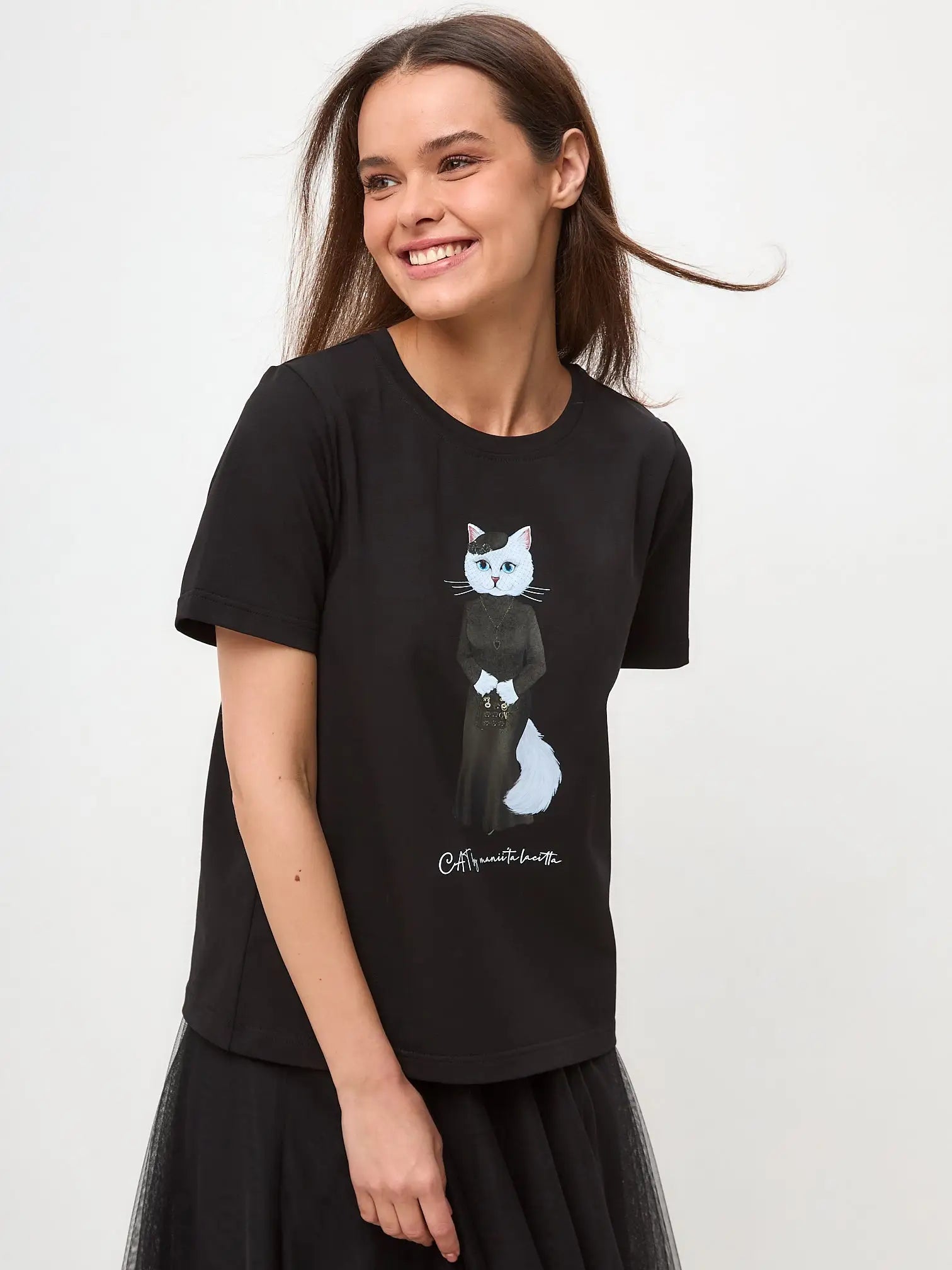 Elegance Set: Women’s Black T-shirt with a White Cat and Black Tulle