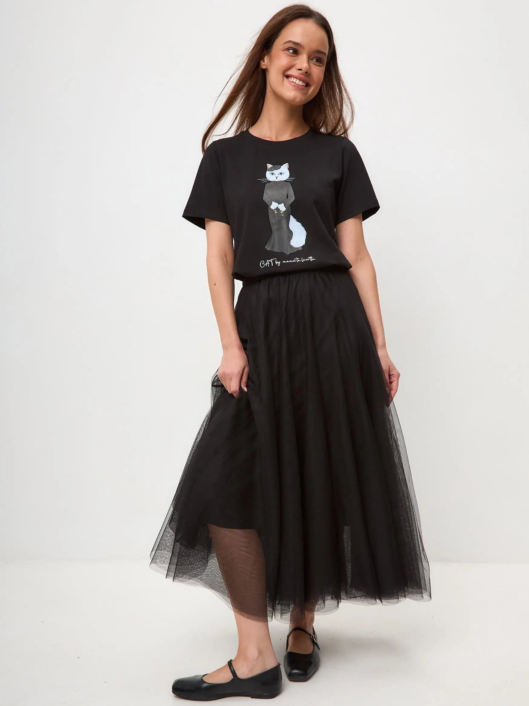 Elegance Set: Women’s Black T-shirt with a White Cat and Black Tulle