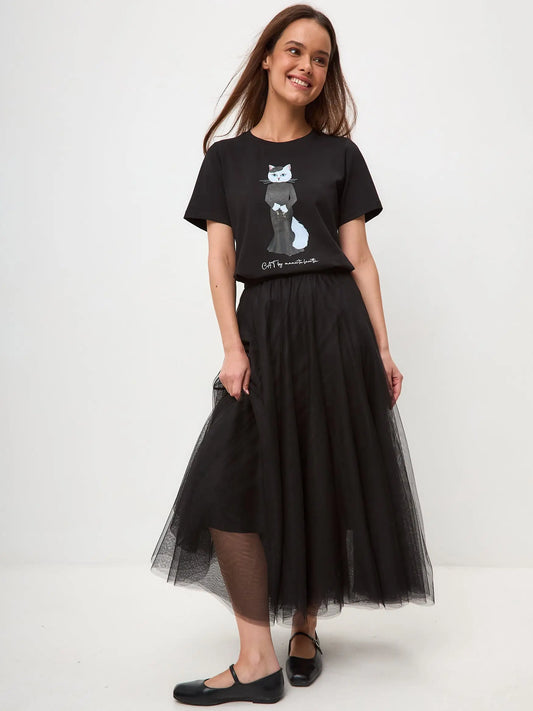 Elegance Set: Women’s Black T-shirt with a White Cat and Black Tulle