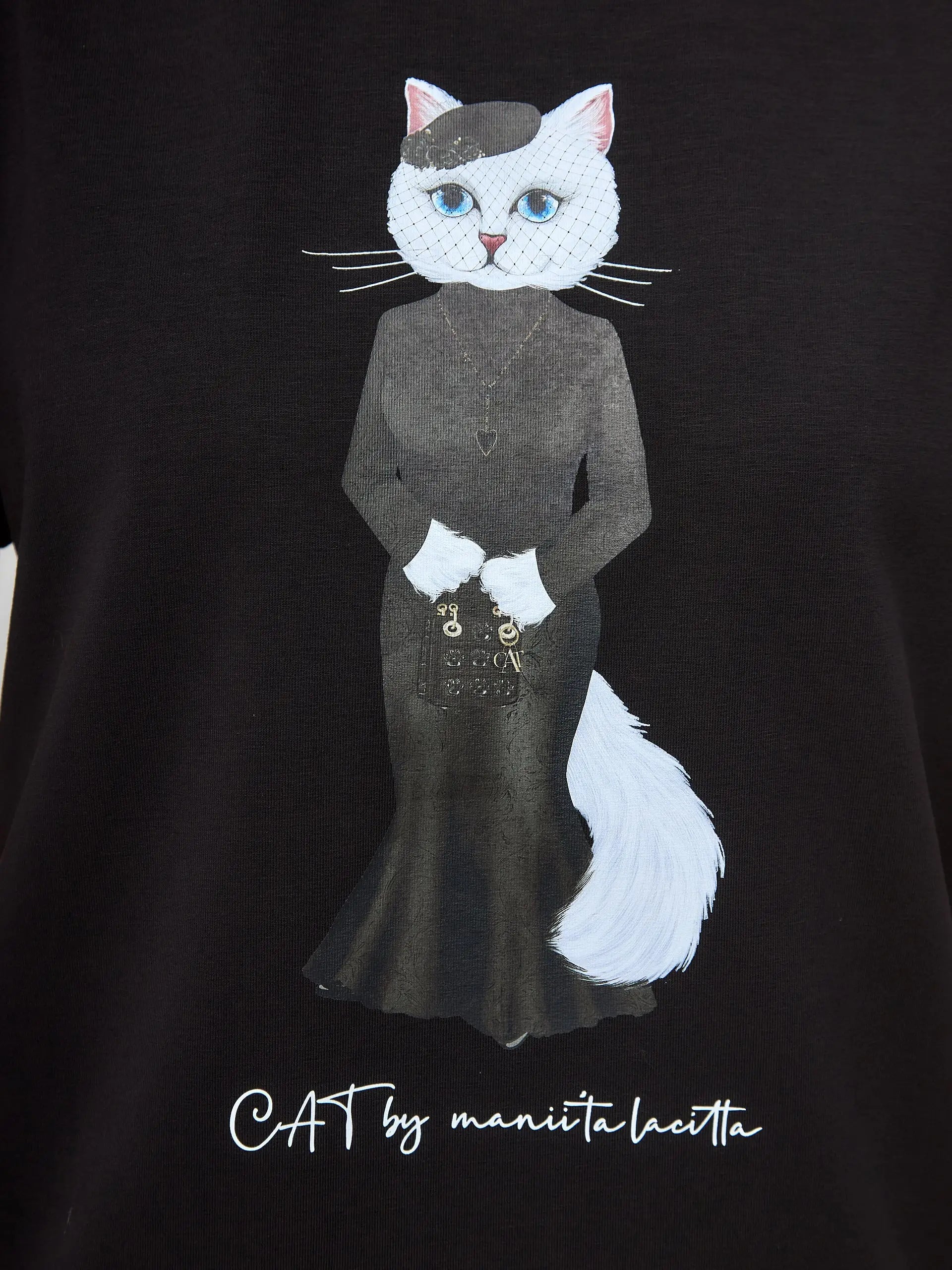 Elegance Set: Women’s Black T-shirt with a White Cat and Black Tulle