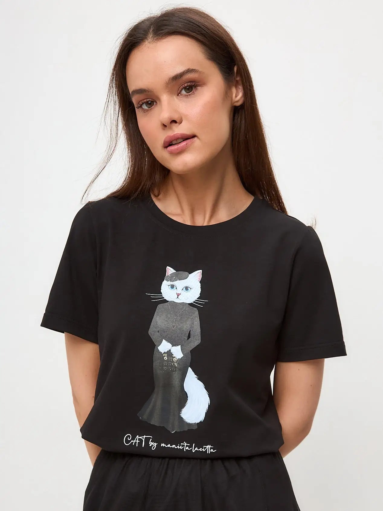 Elegance Set: Women’s Black T-shirt with a White Cat and Black Tulle