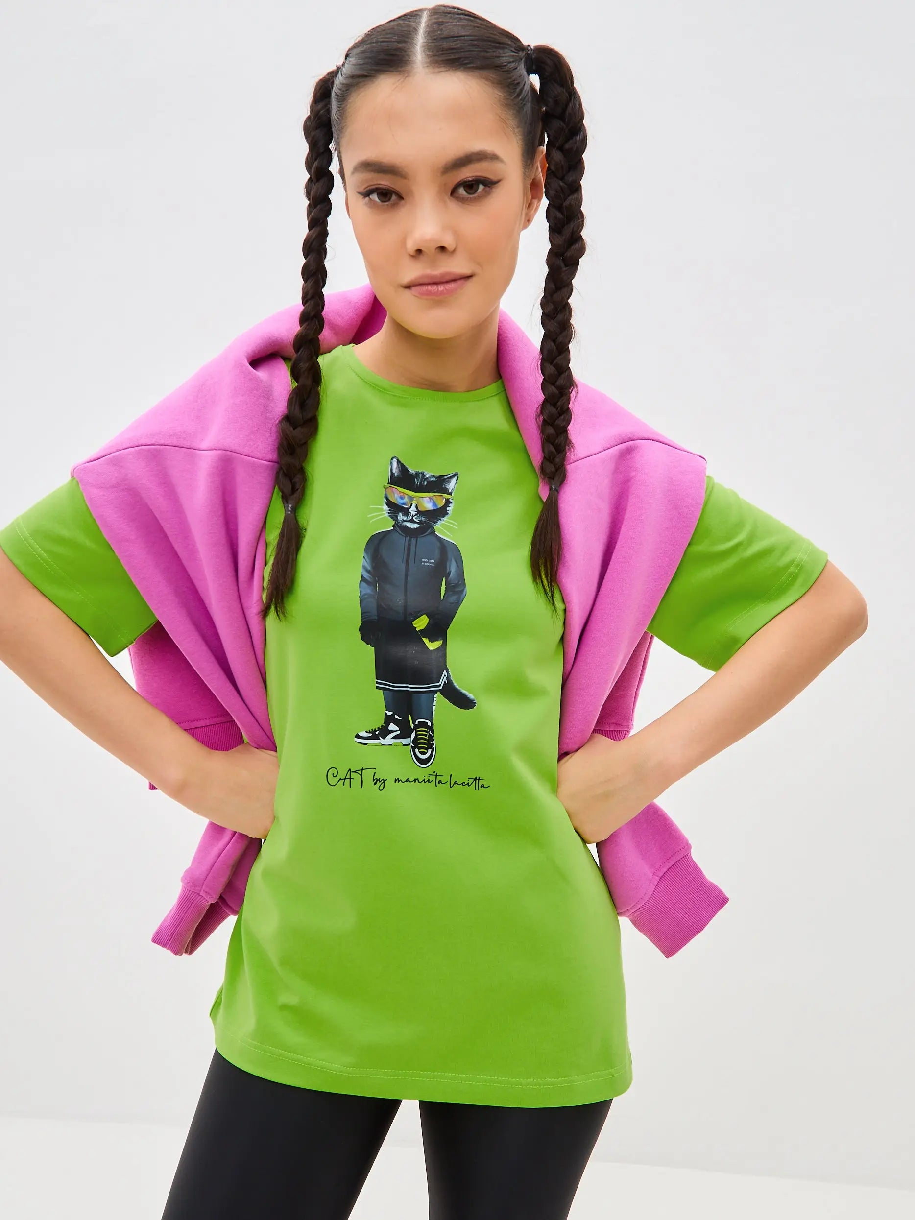 Green Printed T-shirt Sport Cat | T-shirt For Cat Lovers | Cat e