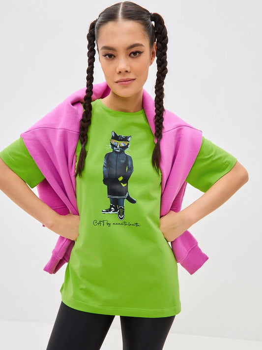 Green Printed T-shirt Sport Cat | T-shirt For Cat Lovers | Cat e