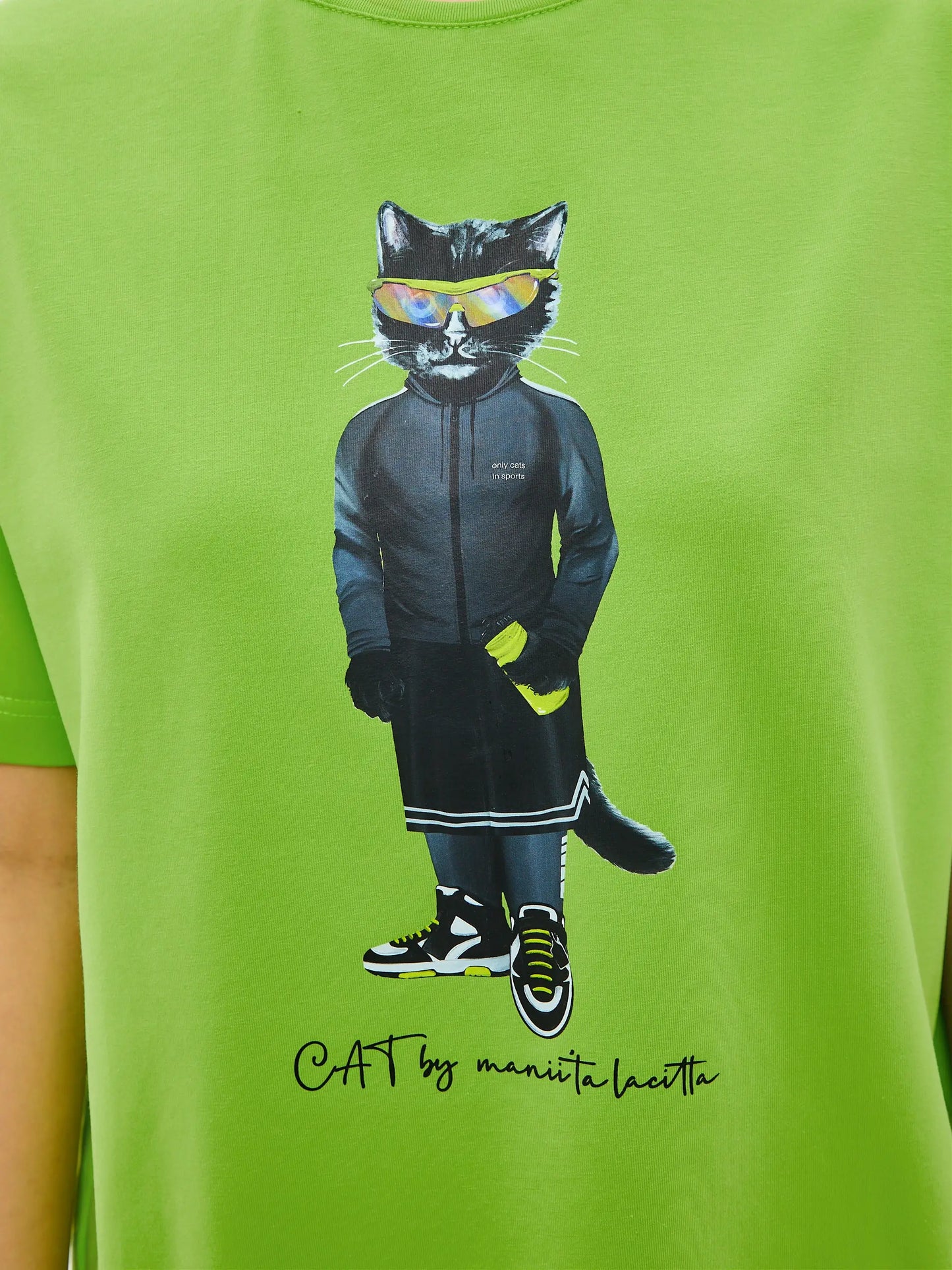Green Printed T-shirt Sport Cat | T-shirt For Cat Lovers | Cat e