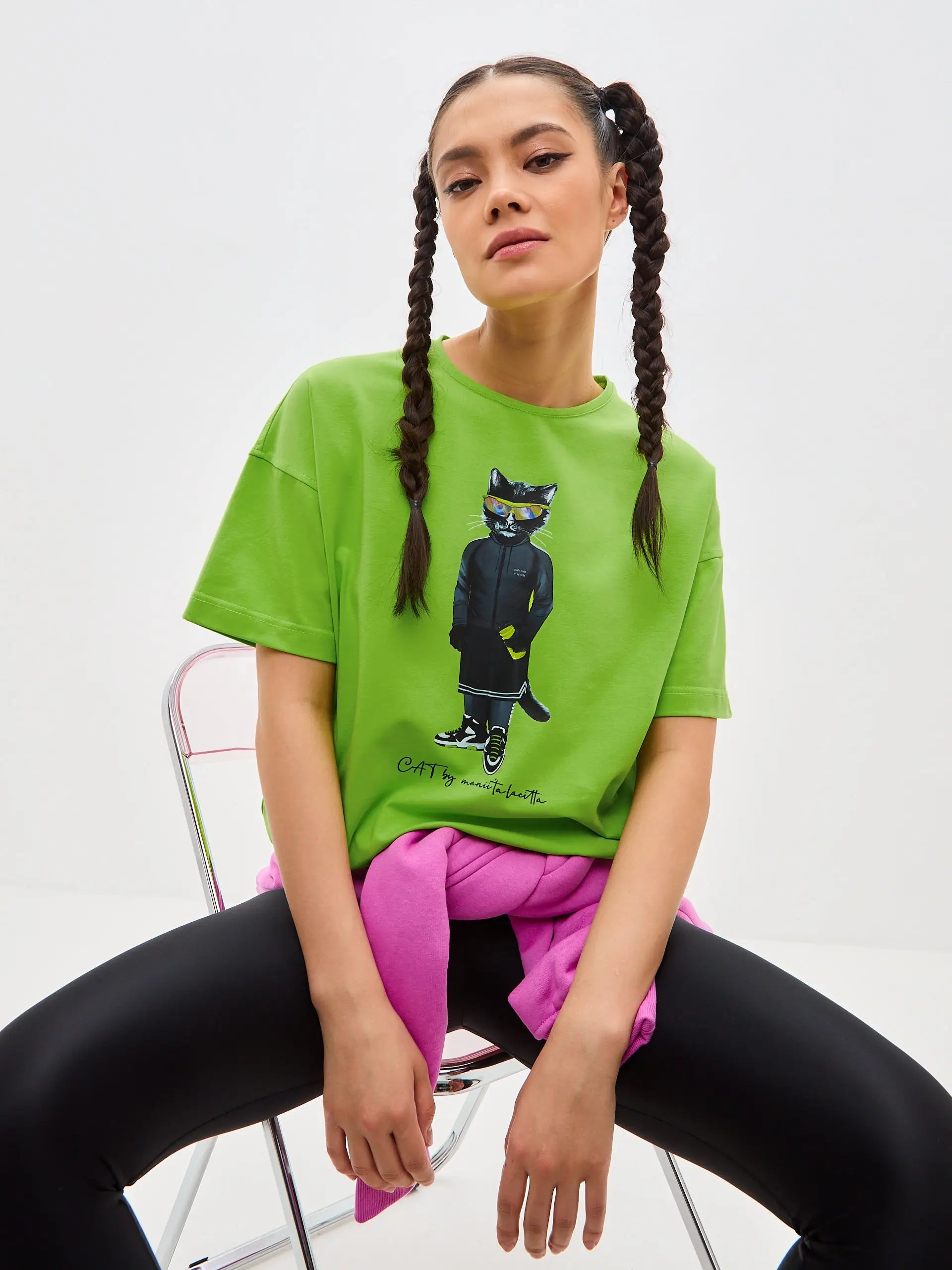 Green Printed T-shirt Sport Cat | T-shirt For Cat Lovers | Cat e