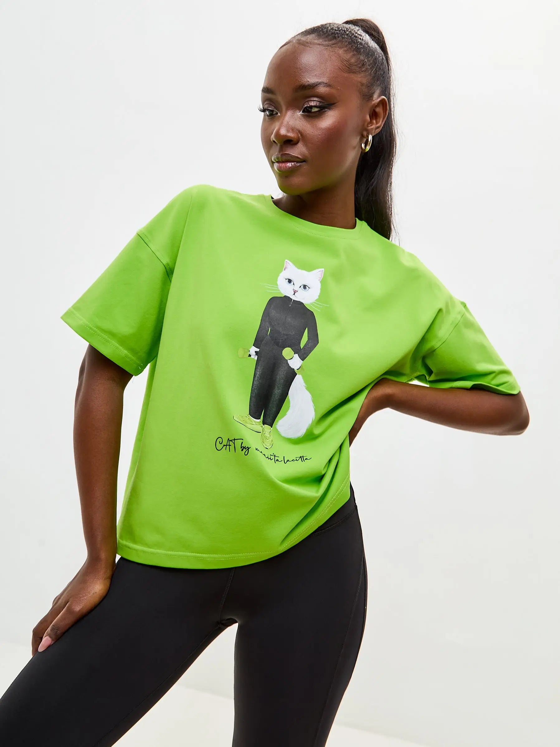 Green Short Oversized T-shirt Sport Cat | T-shirt For Cat Lovers