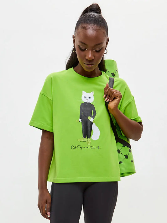 Green Short Oversized T-shirt Sport Cat | T-shirt For Cat Lovers