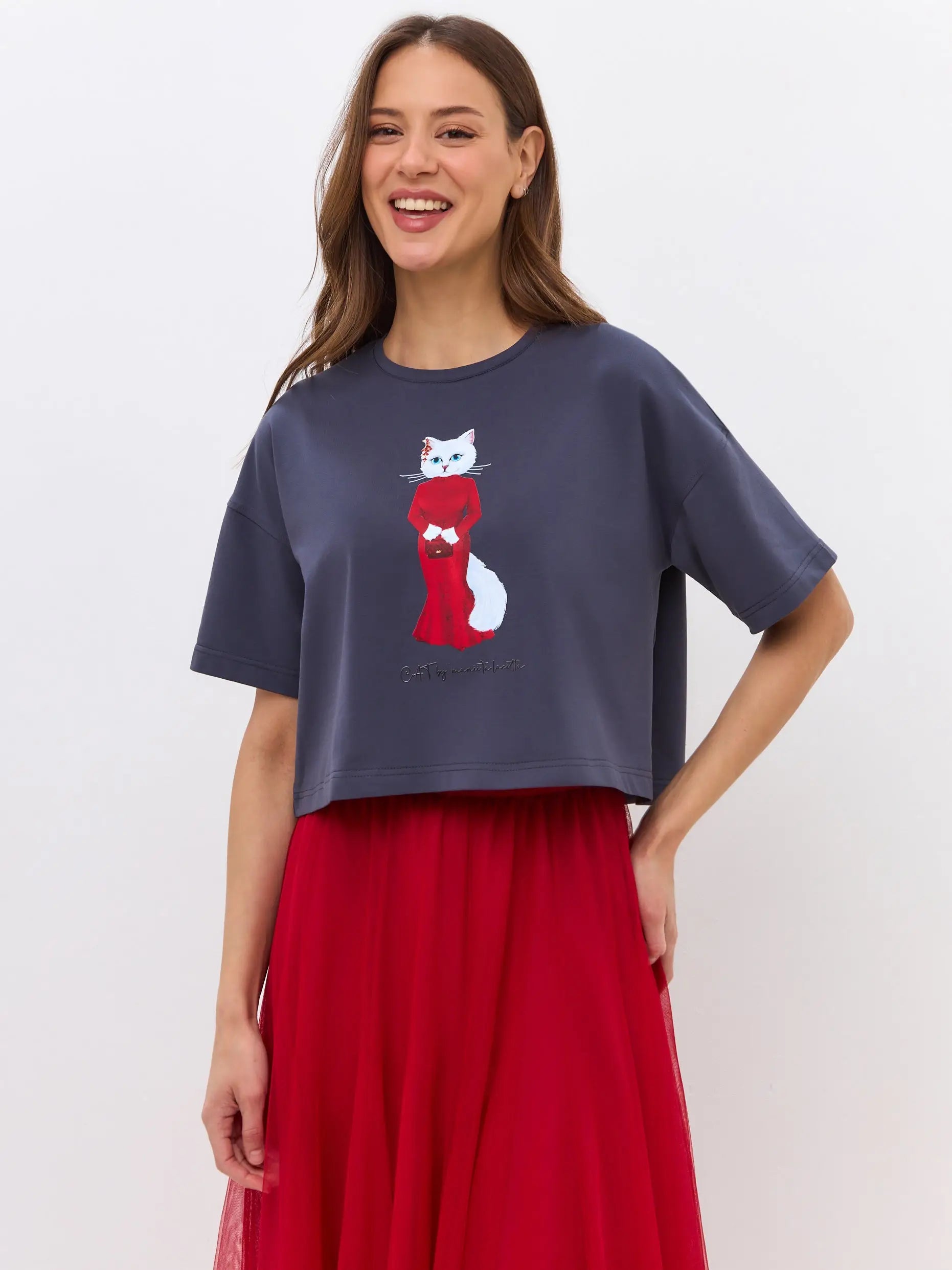 Grey T-shirt Cat in Red | T-shirt For Cat Lovers | Cat e Lolette