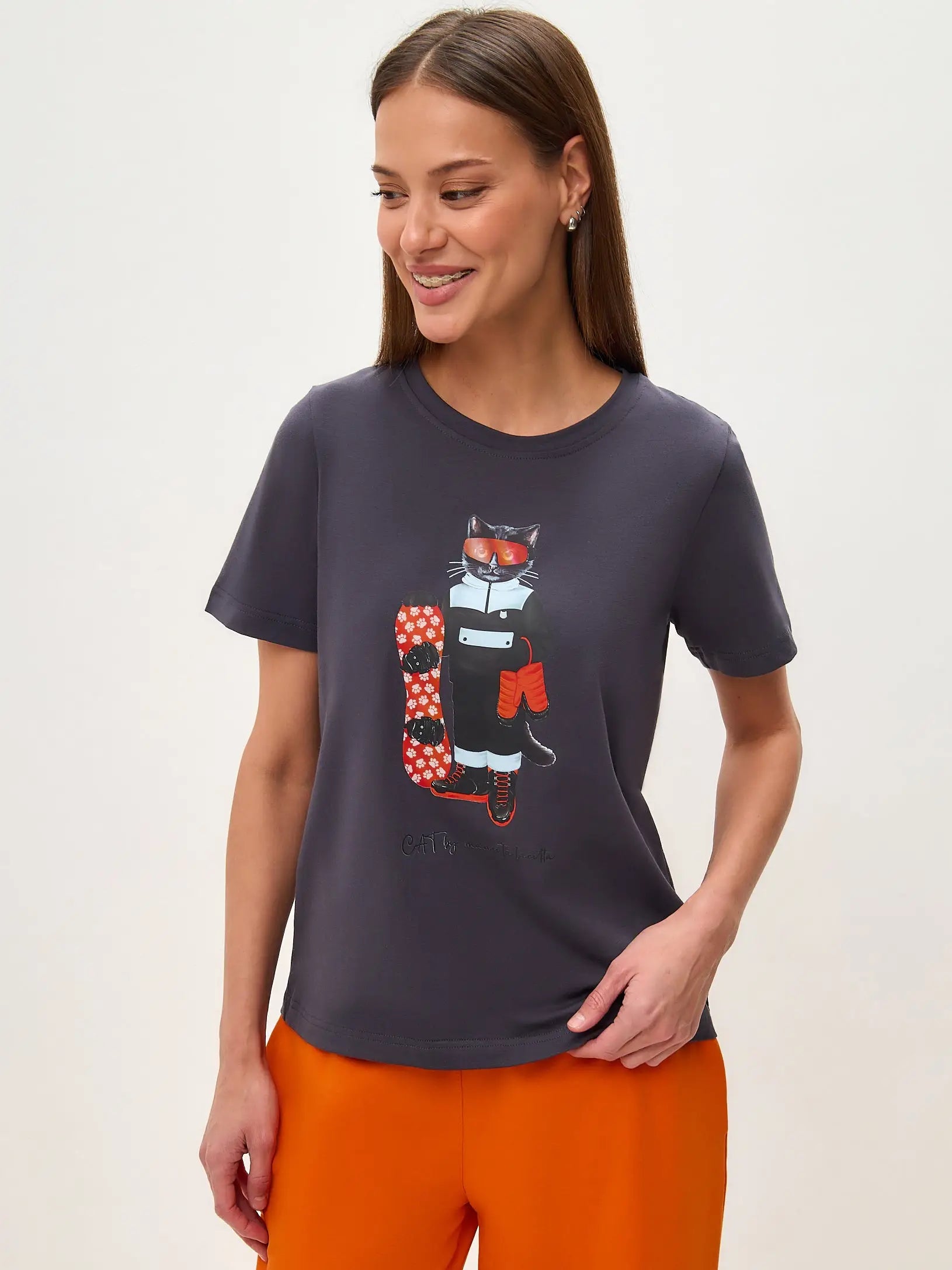 Grey T-shirt Snowboard Cat | T-shirt For Cat Lovers | Cat e Lolette