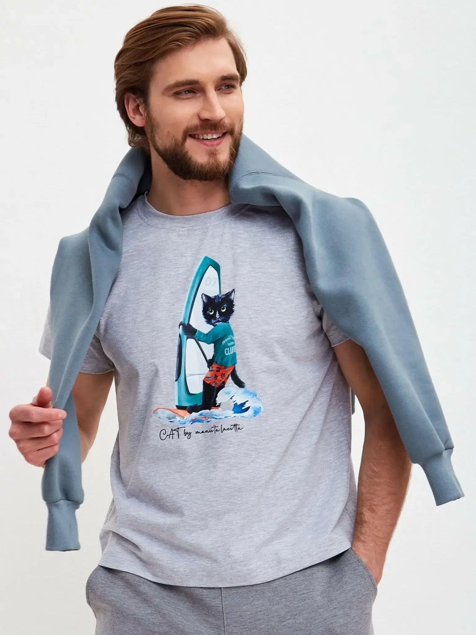 Grey T-shirt Surfer Cat | T-shirt For Cat Lovers | Cat e Lolette