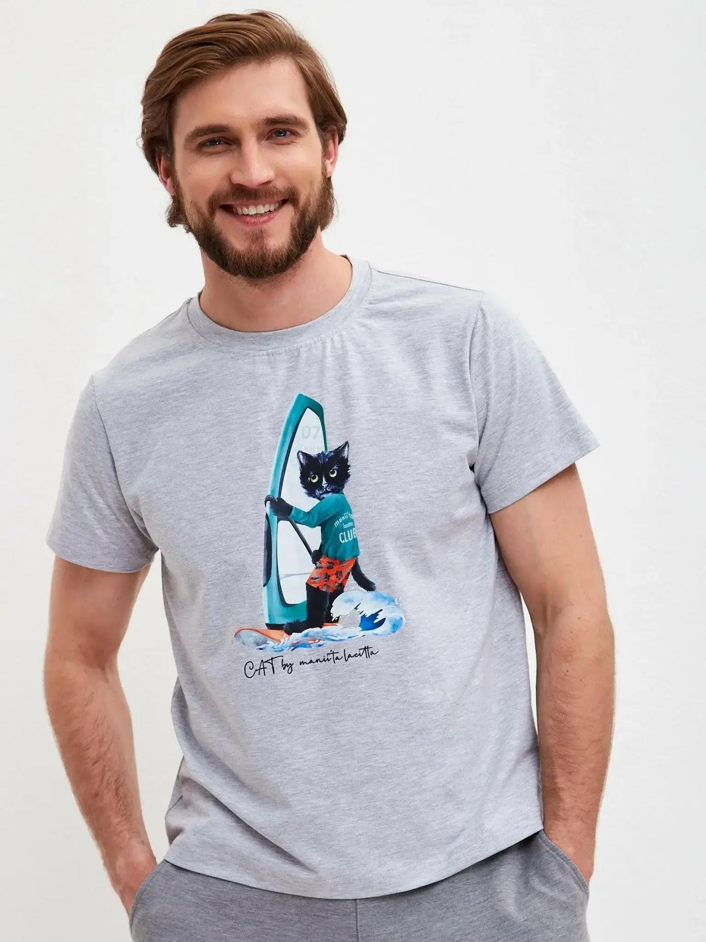 Grey T-shirt Surfer Cat | T-shirt For Cat Lovers | Cat e Lolette