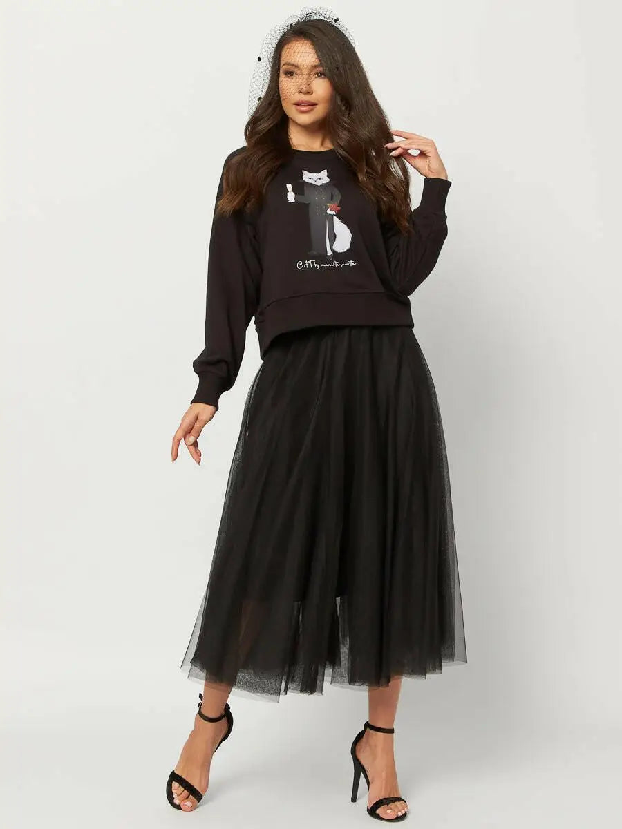 New Year’s Set: Women’s Black Cropped Sweatshirt with a White Cat