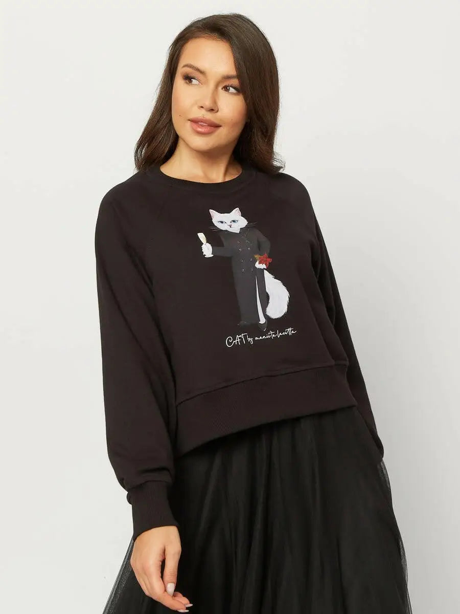 New Year’s Set: Women’s Black Cropped Sweatshirt with a White Cat