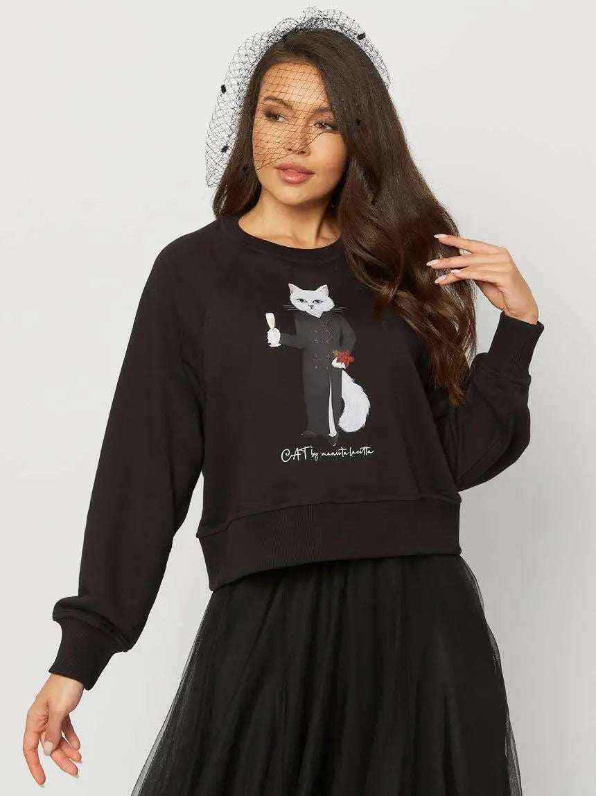 New Year’s Set: Women’s Black Cropped Sweatshirt with a White Cat
