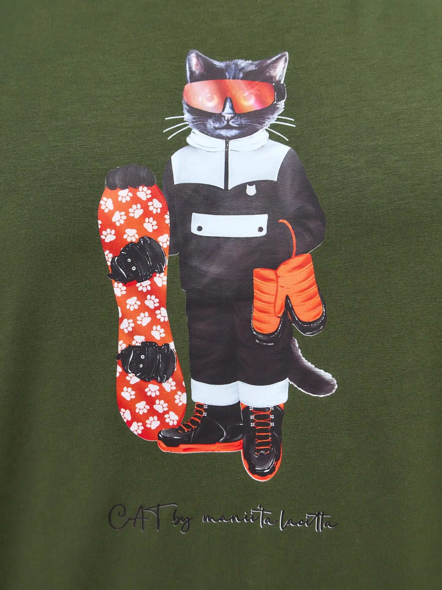 Olive T-shirt Snowboard Cat | T-shirt For Cat Lovers | Cat e Lolette