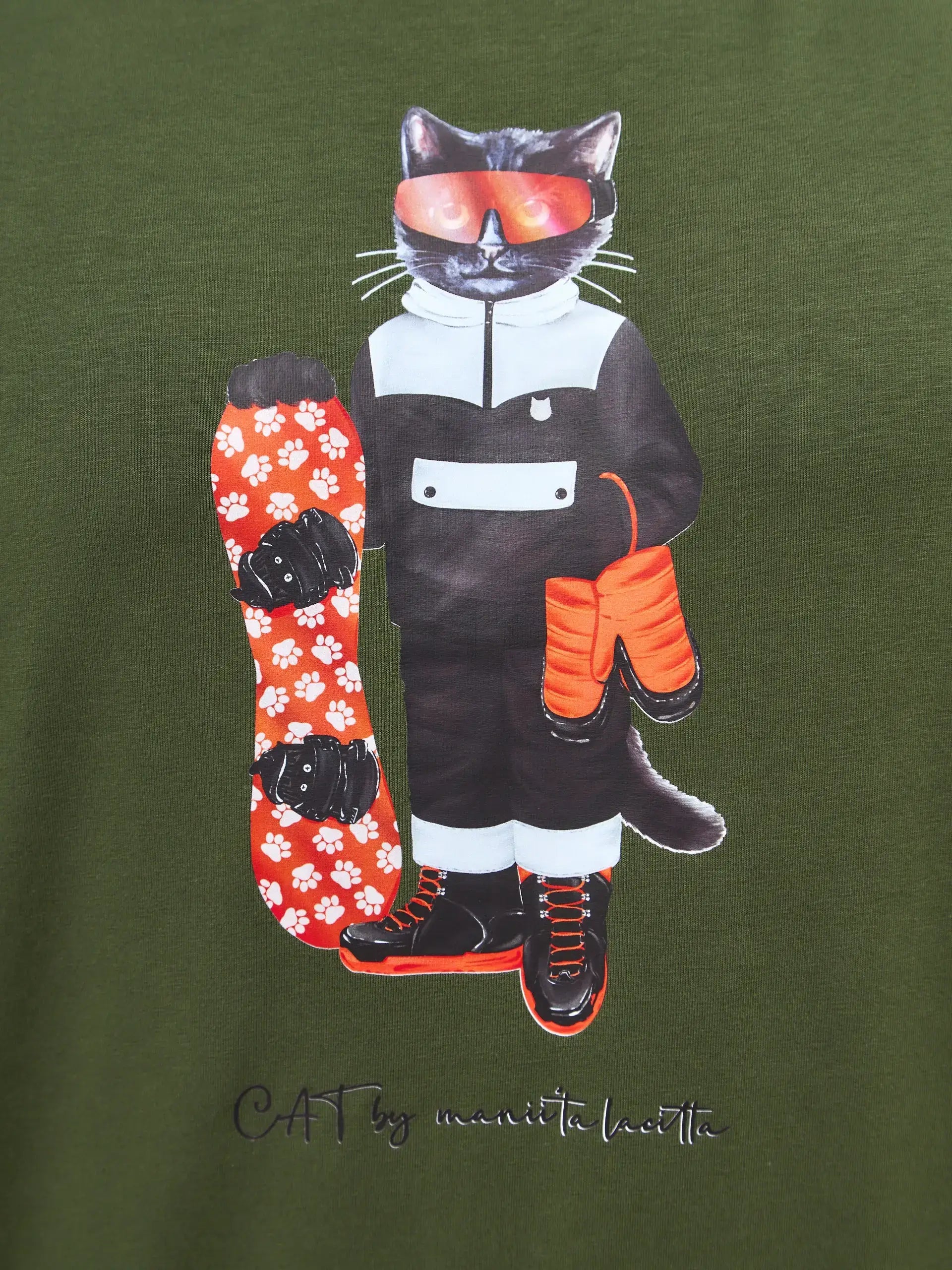 Olive T-shirt Snowboard Cat | T-shirt For Cat Lovers | Cat e Lolette