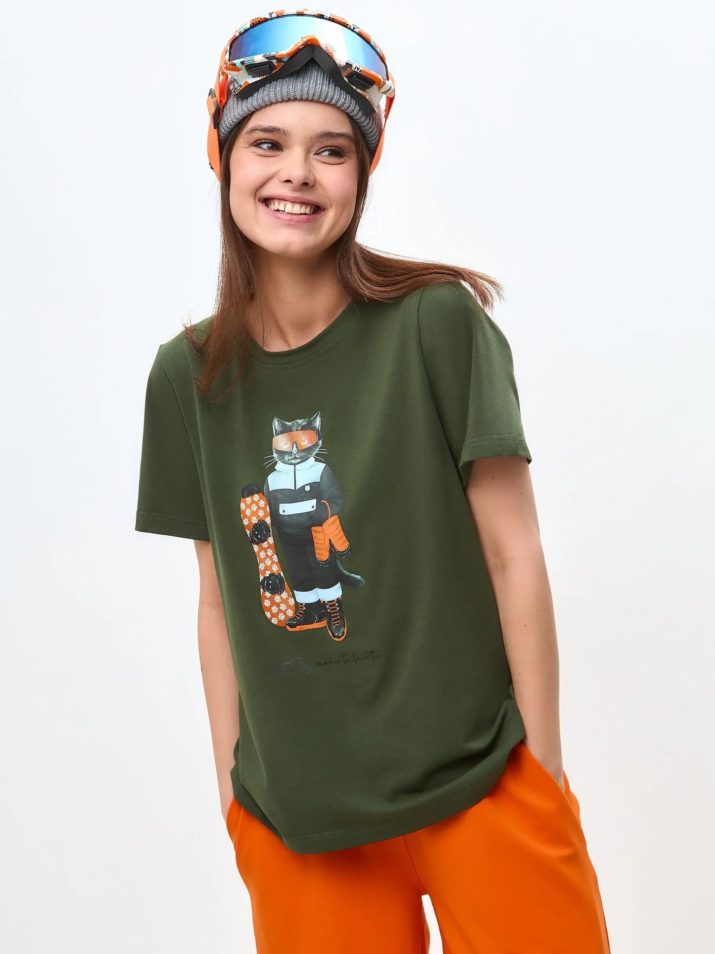 Olive T-shirt Snowboard Cat | T-shirt For Cat Lovers | Cat e Lolette
