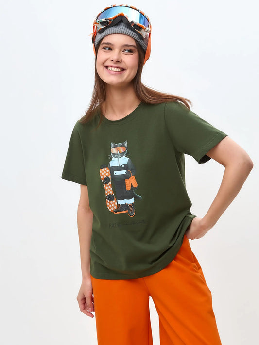 Olive T-shirt Snowboard Cat | T-shirt For Cat Lovers | Cat e Lolette